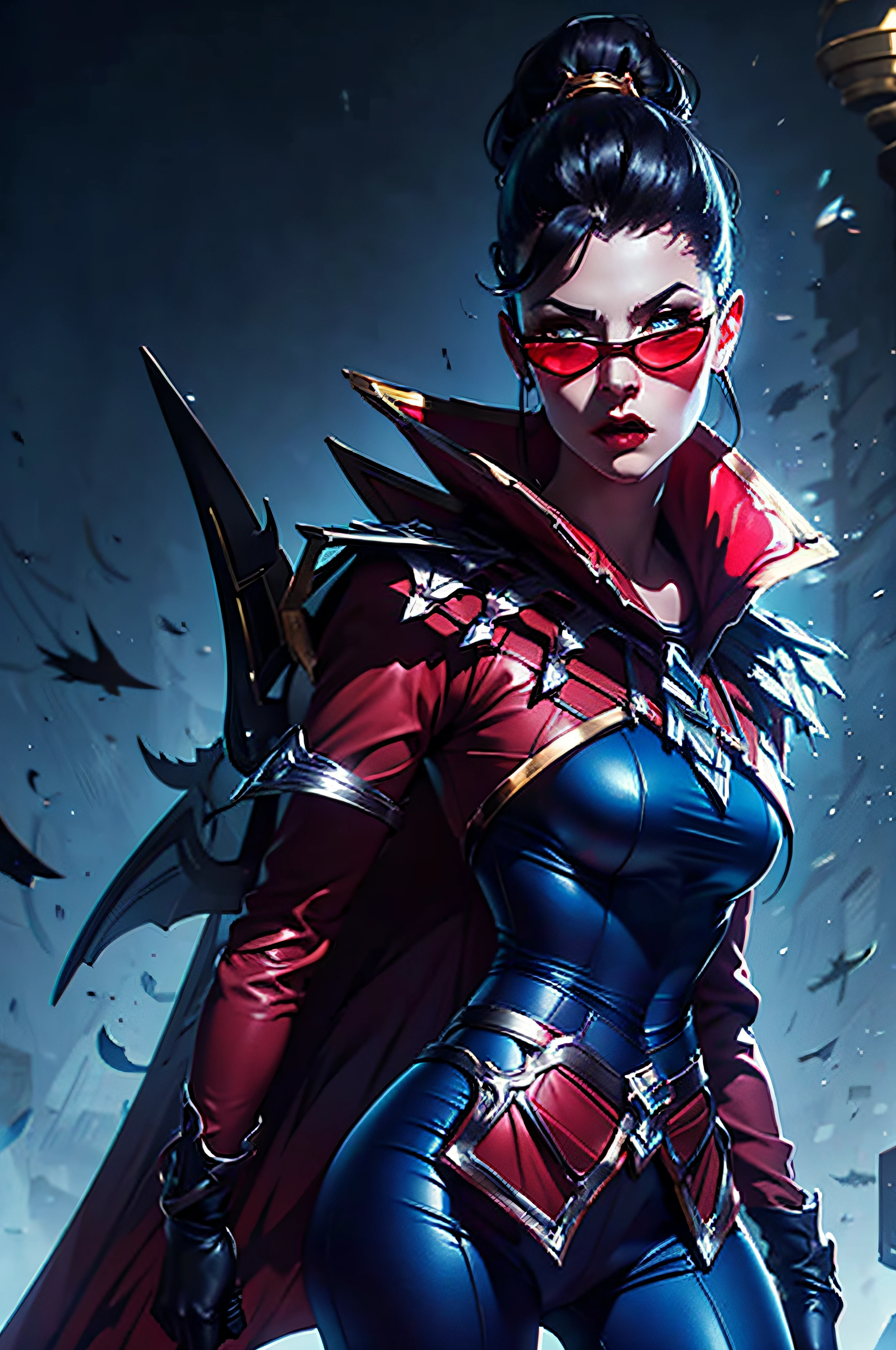 (masterpiece), best quality, expressive eyes, perfect face, vayne, 1girl, solo, long hair, black hair, gloves, ponytail, cape, sunglasses, ruin background, standing, portrait, looking at viewer, from frontal