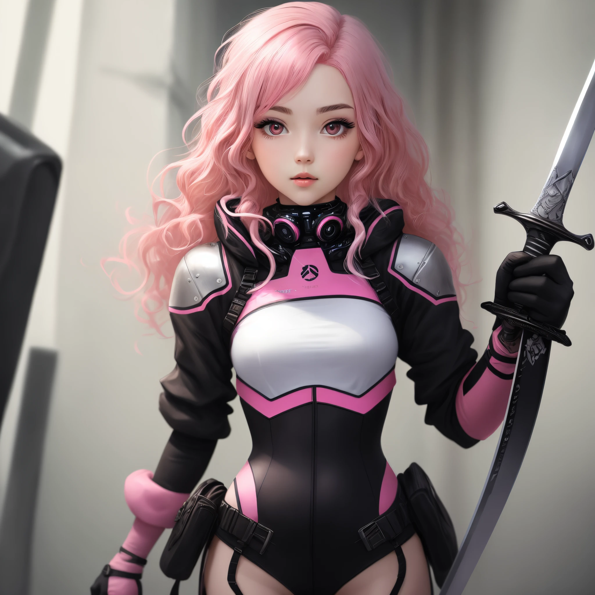 Girl with pink hair, long curly eyes, flushed, cyber clothes holding a sword