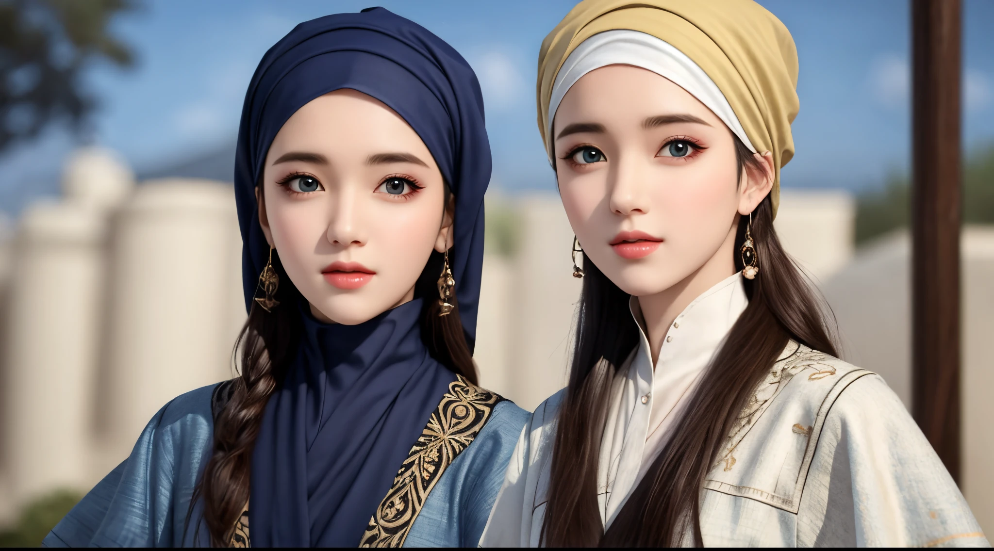 1girl, beautiful face, high detailed realistic eyes, double eyelids, high detailed realistic pupils, upon body from head to waist, wearing hijab, moslem headscarf