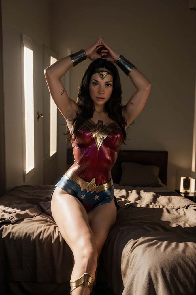 Wonder Woman, dark hair, mix4, costume, legs spread, (8k, RAW photo, best quality, masterpiece:1.2), (realistic, photo-realistic:1.37),cute, bedroom, morning, professional lighting, photon mapping, radiosity, physically-based rendering,