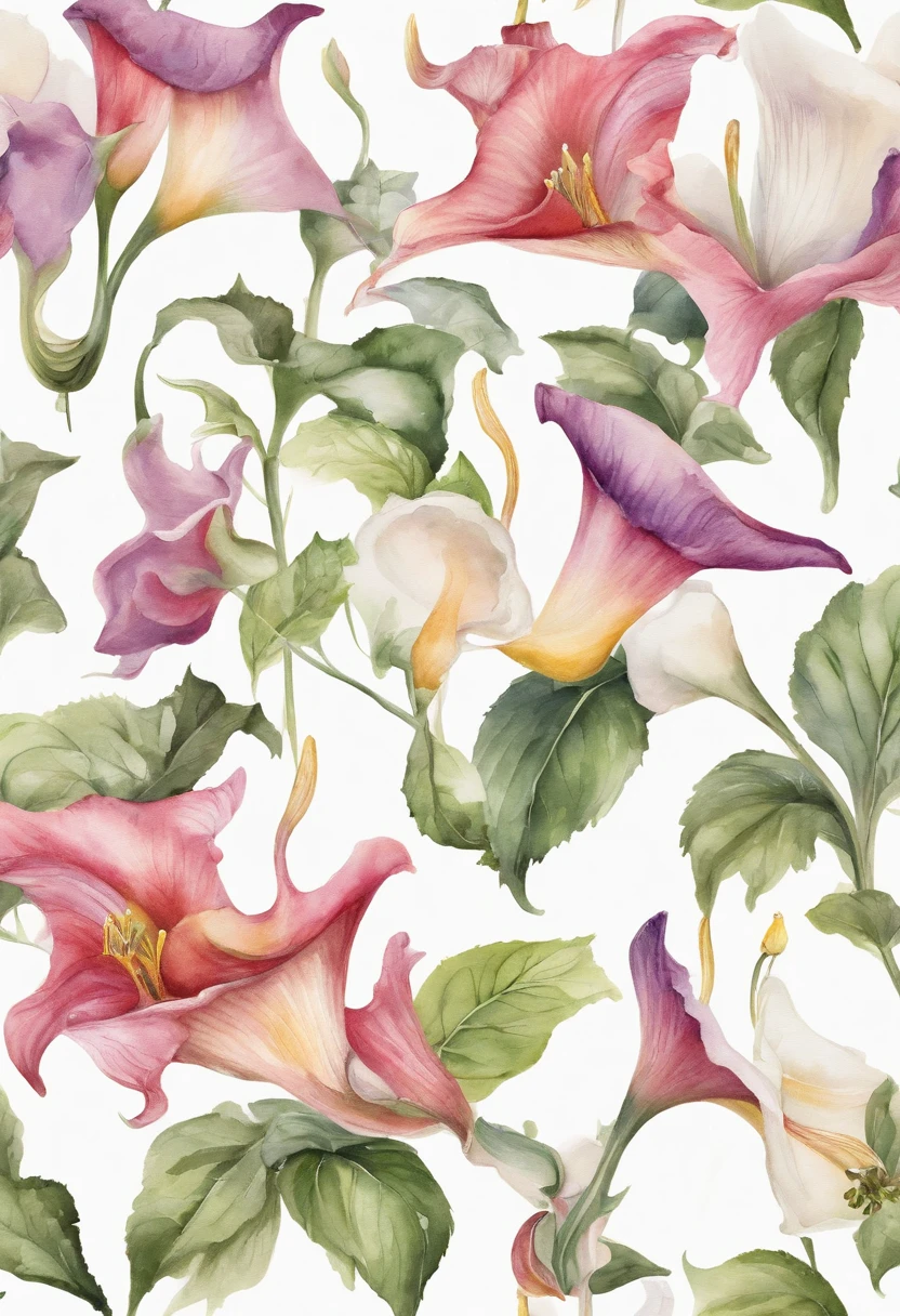 seamless pattern, watercolor style, (((WHITE BACKGROUND))), mini Celestial allure of Angel's Trumpet — ethereal lavender, uplifting bergamot, and a hint of celestial musk.