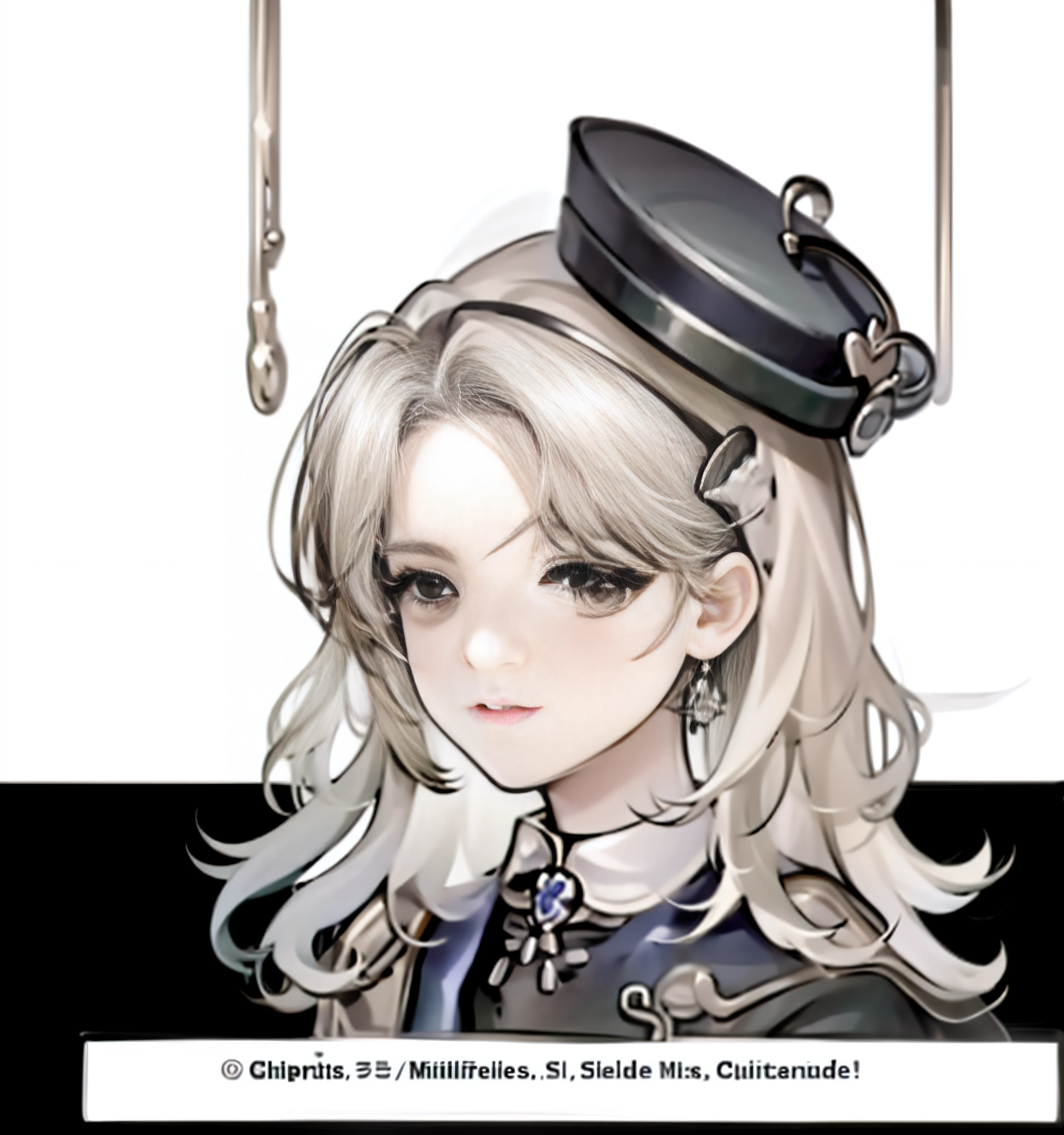 Anime girl wearing a hat and quotes about her, From the maiden front, Girly frontline style, silber hair (pony tails), Exquisite androgynous prince, finely detailled. Girl Front, Beautiful hermaphroditic prince, he has dark grey hairs, silber hair, White hair, inspired by Li Chevalier, An ahoge stood upside down on her head, a silver haired mad