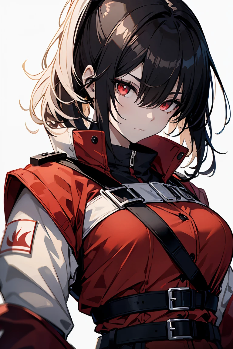 1 girl in, Full body, (masutepiece:1.2, Best Quality), (finely detailed beautiful eye: 1.2), (beautifull detailed face), High contrast, (Best Illumination, extremely delicate and beautiful), ((Cinematic Light)), Dramatic light, (Pale white background:1.5), oversized red jacket, Black hair, Red Eyes, body harnesses, Belt at under the breast, pony tail hair, black military uniform, black skirt,