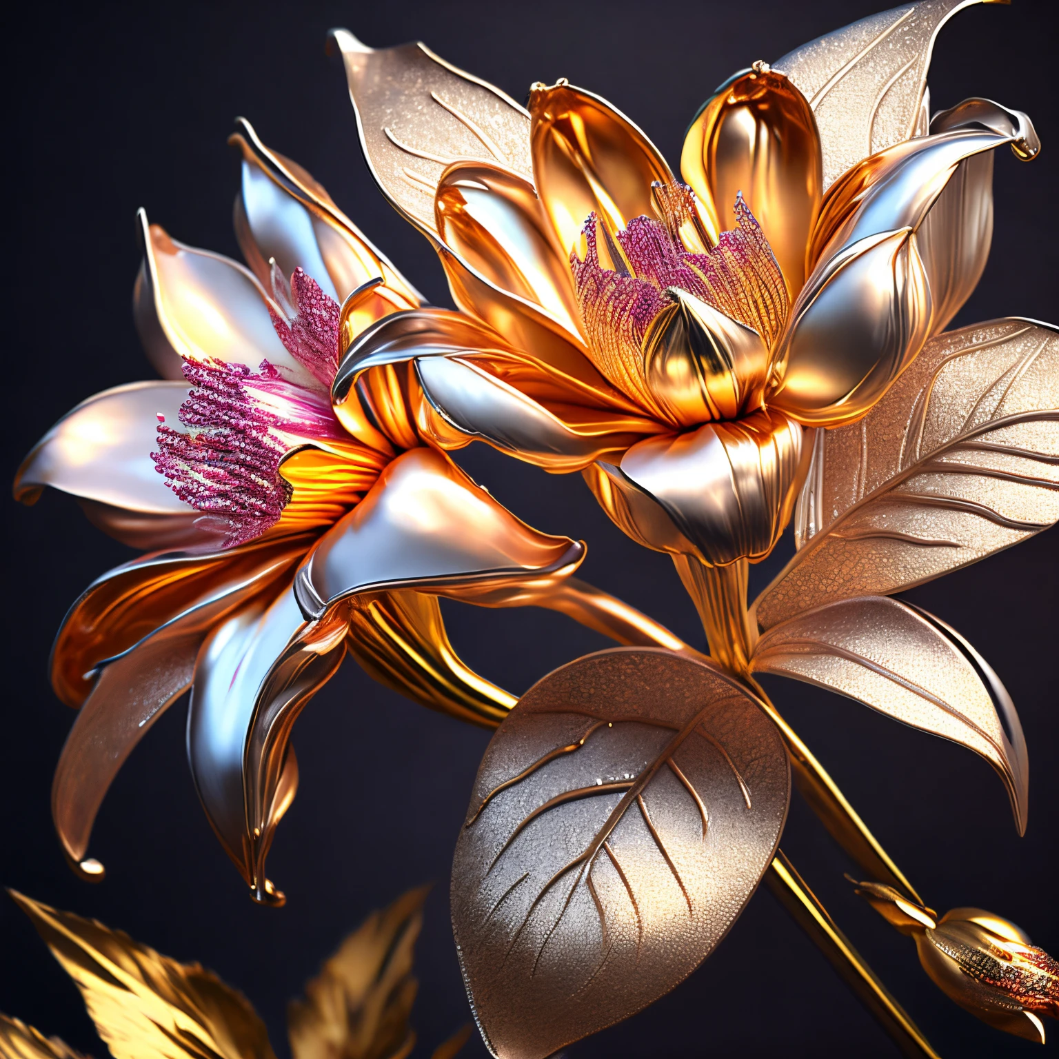 super high quality, (8k, RAW photo, realistic), artificial flowers of lilies and peonies made of metal, chrome plated, detailed and delicate depiction and flashy and dynamic painting method, professional flare lighting