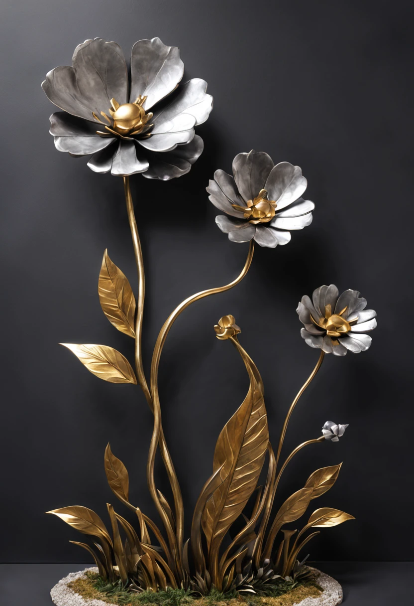 metal art，flower made of iron，iron leaves，bent iron stem，iron flower，Full metallic luster，Metal texture in the post-industrial era，Iron decoration，platinum，white silver and gold，heavy metal style，In the metal world of the future，everything is made of metal，Metallic flowers，metal grass，Metal Tree，metal mountain