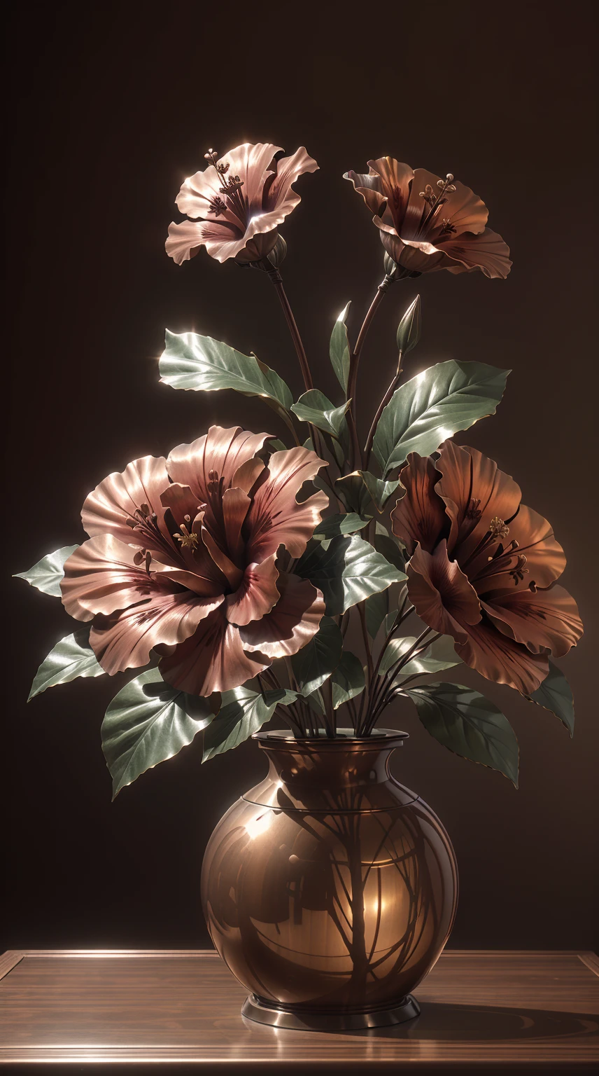 (masterpiece, best quality, ultra-detailed, 8k wallpaper, photorealistic), (a bouquet of bronze hibiscus, made of bronze, bronze color, metal flower), glass vase, decoration, conceptual, studio lighting