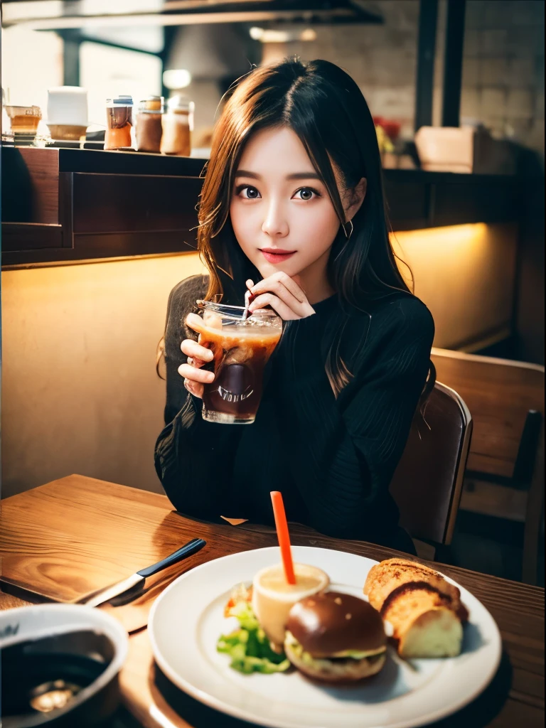Best Quality、Raw photo、profetional lighting、Top image quality、masterpiece、Live-action depiction、The background is of the best quality、The background is professional lighting、portlate、lighting is during the day、The background is a café、Asian Beauty、Big eyes、There is a village frame pure、Eyes are black、Hairstyle is semi-long、Black sweater、Meals on the table、hamburgers、Potato、salad、Drink cola、drink using a straw、Stuffy look、light coming through the window、