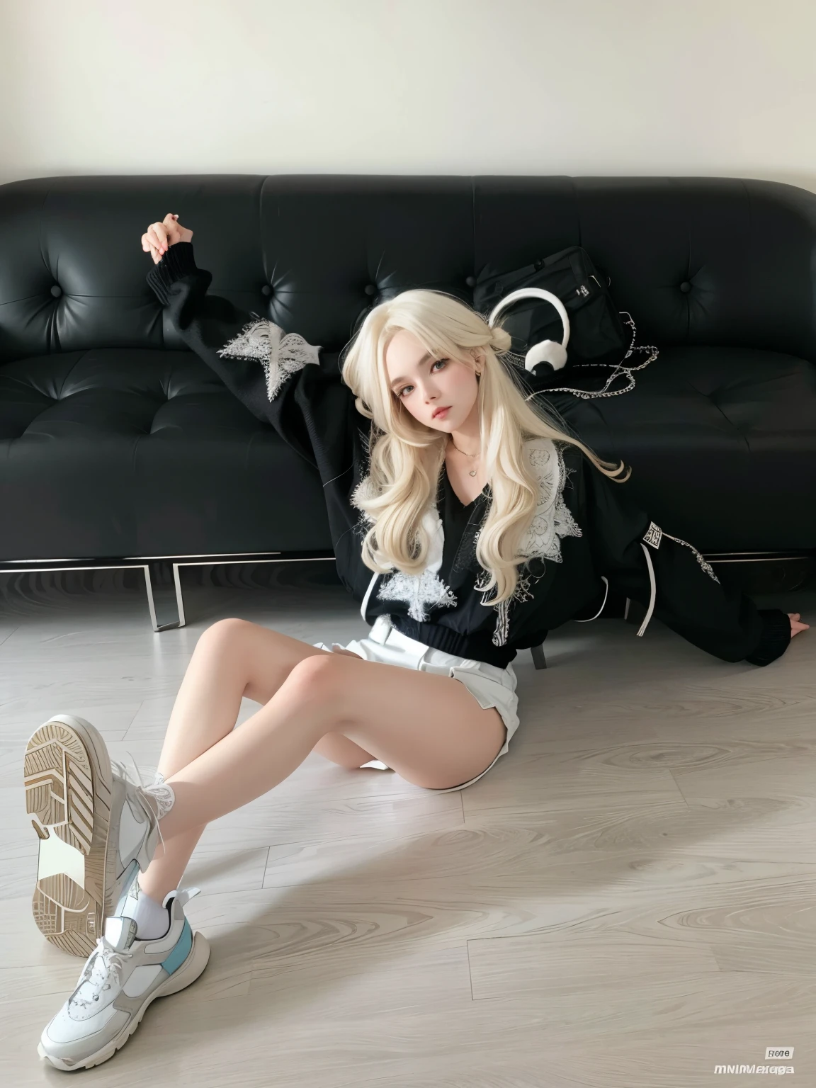 blonde woman with long white hair sitting on a black sofa, menina perfeita de cabelos brancos, com cabelos longos brancos, Tifa Lockhart com cabelos brancos, com longos cabelos brancos, ava max, linda Delphine, com longos cabelos loiros, her hair is white, menina com cabelo branco, longos cabelos brancos e franja, extremely pale blond hair, Anime Garota Cosplay, olhos azuis