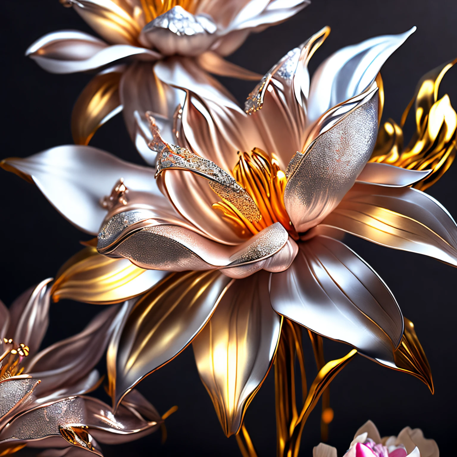 ultra-quality, (8K, Raw photo, Realistic), Artificial metal lilies and peonies, chrome plating, Detailed and delicate depictions and flashy and dynamic drawing methods, professional flare lighting