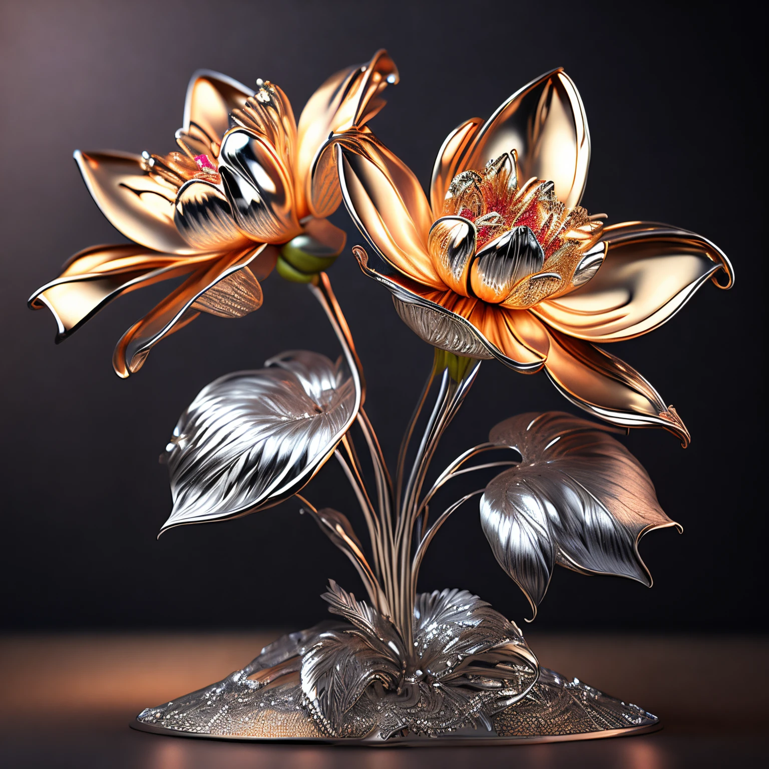 ultra-quality, (8K, Raw photo, Realistic), Artificial metal lilies and peonies, chrome plating, Detailed and delicate depictions and flashy and dynamic drawing methods, professional flare lighting