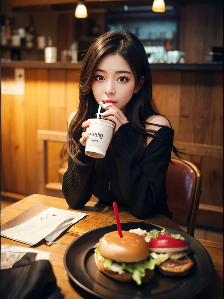 Best Quality、Raw photo、profetional lighting、Top image quality、​masterpiece、Live-action depiction、The background is of the best quality、The background is professional lighting、portlate、lighting is during the day、The background is a café、Asian Beauty、Big eyes、There is a village frame pure、Eyes are black、Hairstyle is semi-long、Black sweater、Meals on the table、hamburgers、Drinking juice、drink using a straw、A slightly moody look、