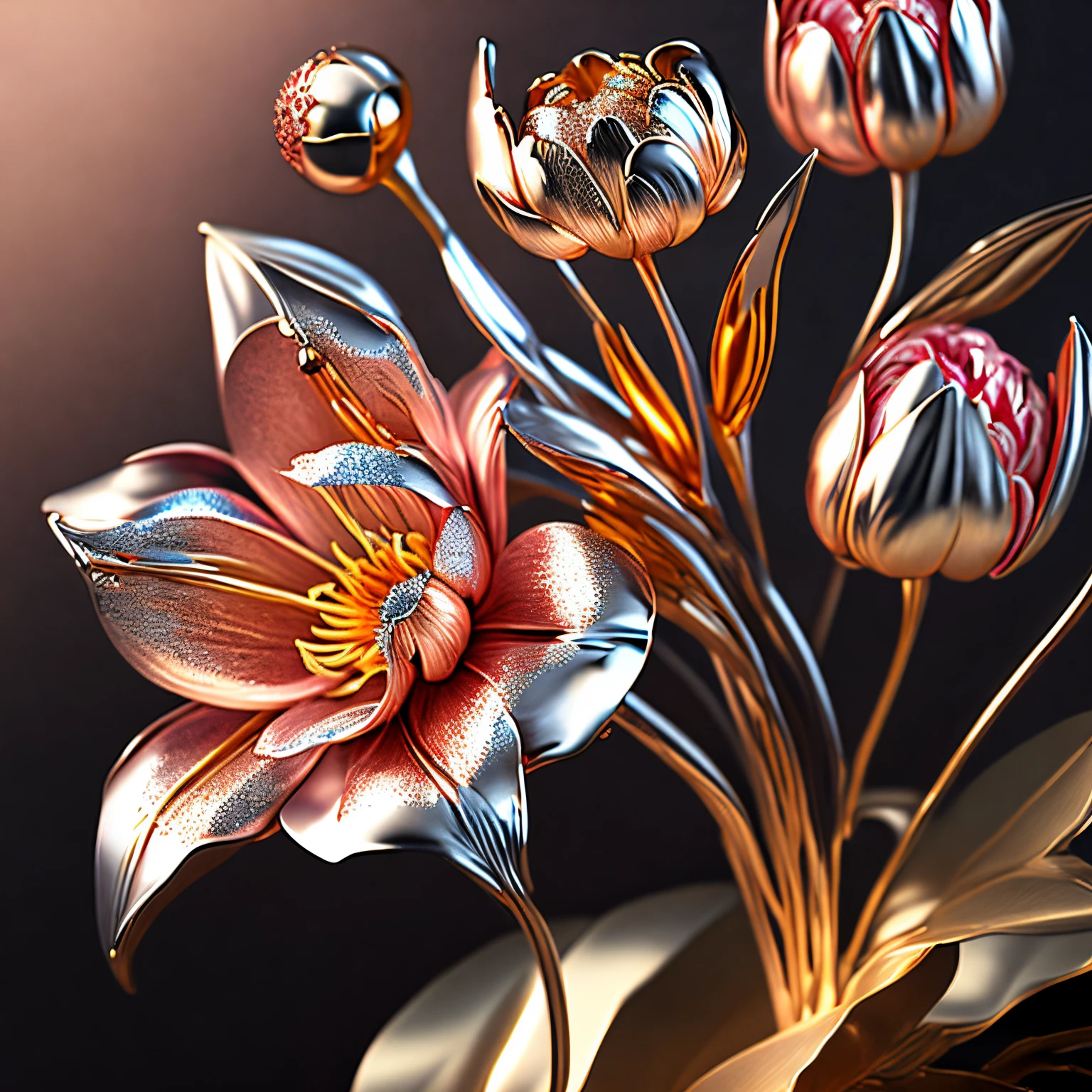 ultra-quality, (8K, Raw photo, Realistic), Artificial metal lilies and peonies, chrome plating, Detailed and delicate depictions and flashy and dynamic drawing methods, professional flare lighting