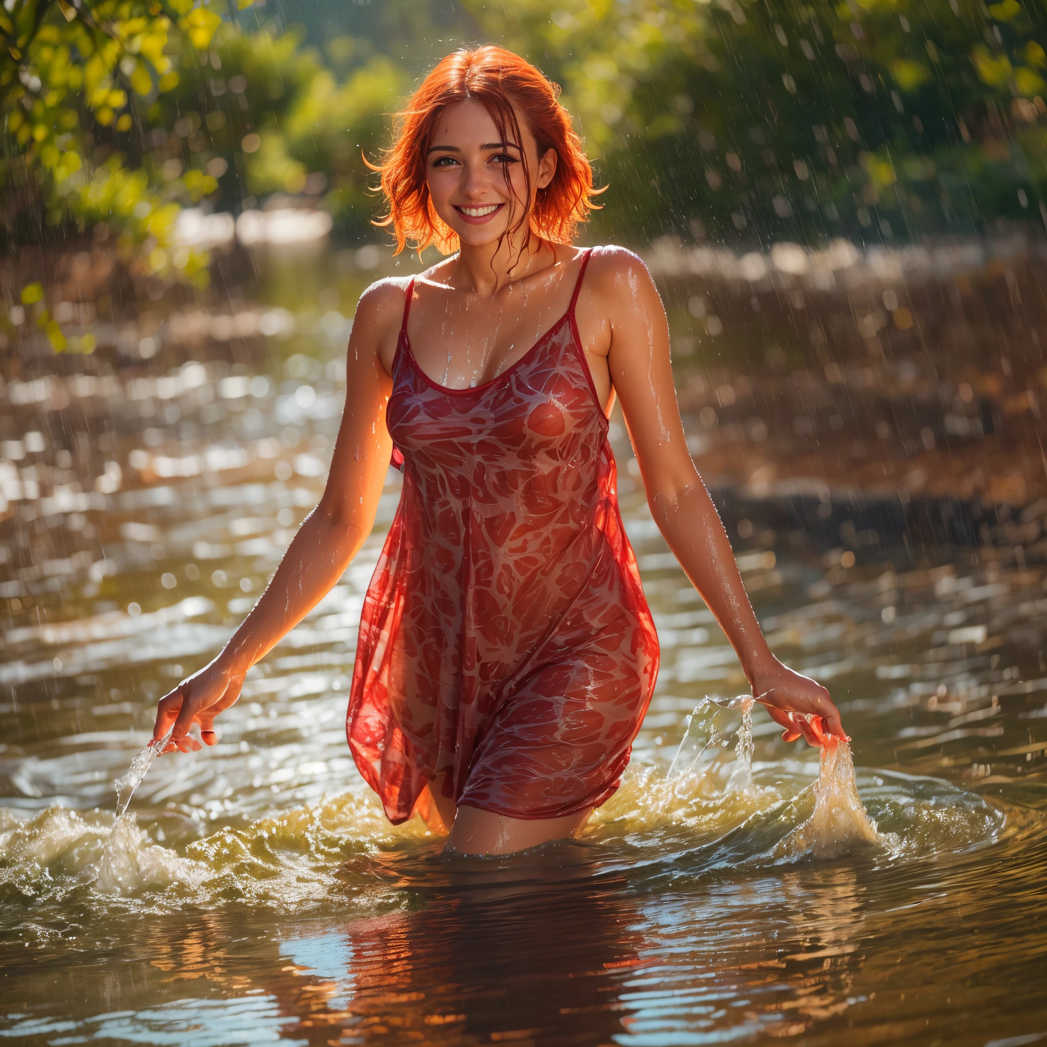 (masterpiece, 8k, best quality:1.2), in the river, outdoor, 1girl, 22 yo greek woman,  smile, looking at viewer, skimpy patterned sun dress, wet clothes, soaked, wet hair, wet skin, translucent, glistening with oil, drenched, bright sunshine, soaked heavy clothes, playful, red hair, short bob