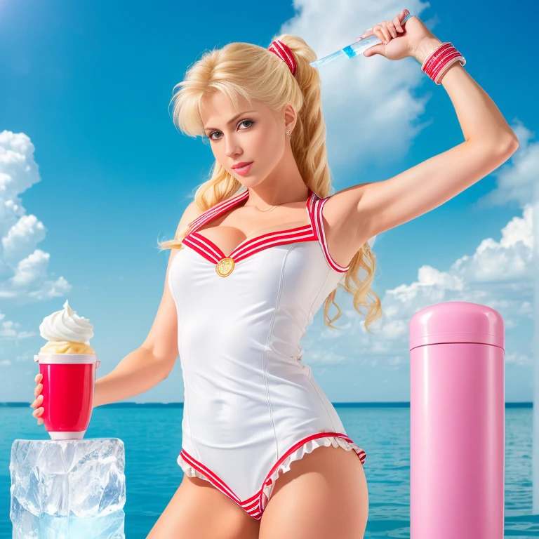 (extra detailed, RAW photography, best quality,4k,8k,high res,masterpiece:1.2),ultra-detailed, photorealistic, full body shot, creamy blonde straightened hair,Mature and beautiful, realistic portrayal:1.2 Sailor Moon standinon an ice block, wearing leather jean patterned outfits.