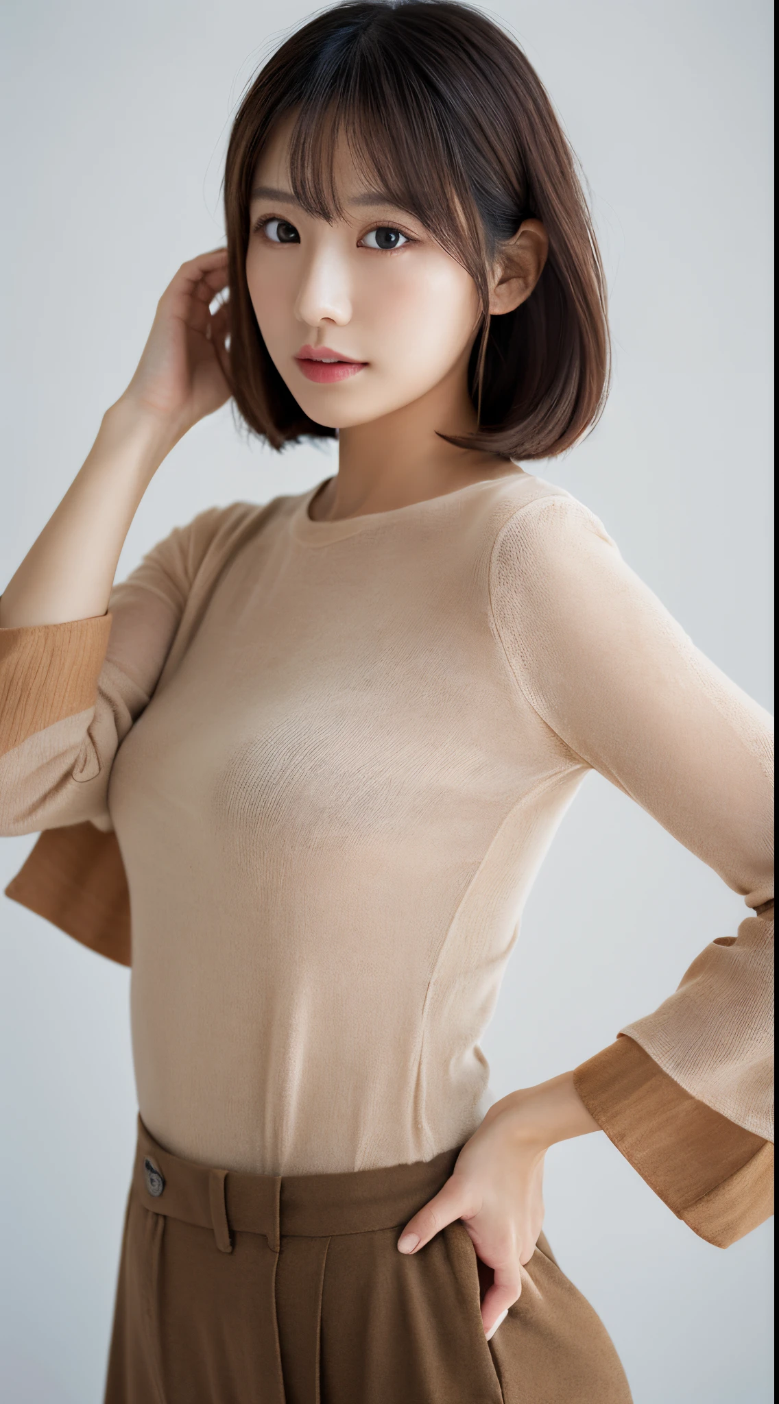 masutepiece, Best Quality, Ultra-detailed, Beautiful lighting, Woman, Tight jeans, (White sweater:1.2), turtle neck, Standing up, in park, Beautiful scenery, slight blush, Smiling, (Cute smile:1,1), (Glossy lips:1.1), (Beautiful eyes:1.1), Closed mouth, Short Hair HD HQ UHD, (Japanese mature women everywhere.:1.2), (45 years old:1.5), (Raw photo:1.5), (medium breasts:1.1),