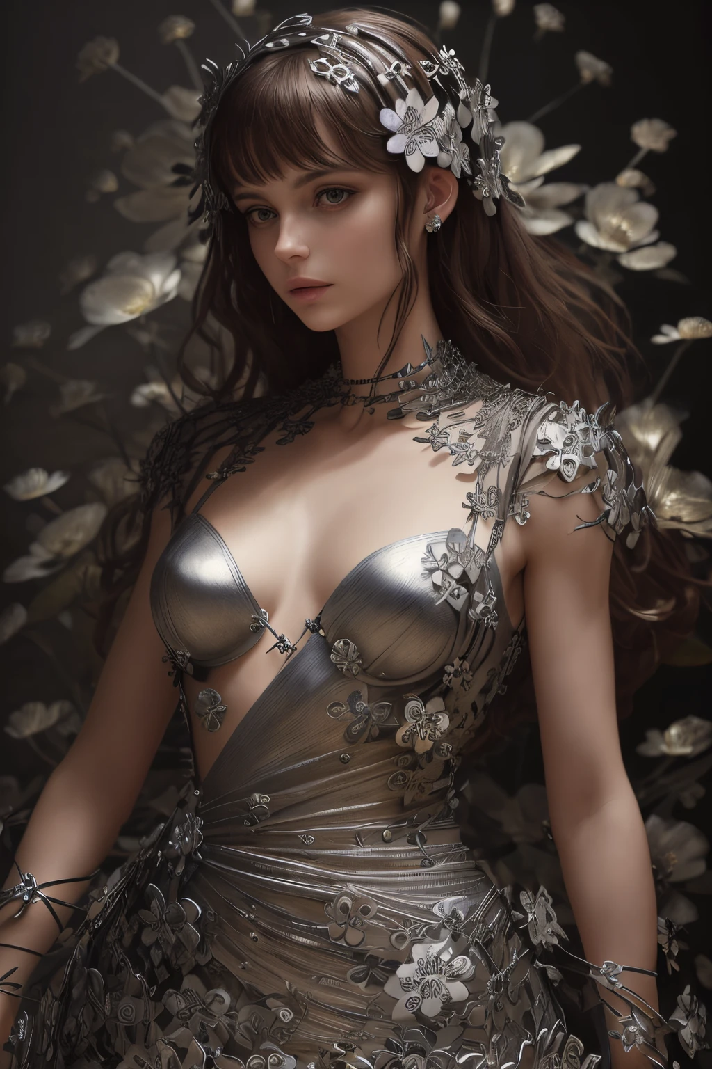 (masterpiece, best quality, ultra-detailed, an extremely delicate and beautiful), 1woman, dress, (many metal flowers wrap around her body:1.5), photorealistic, depth of field, professional lighting, caustics,