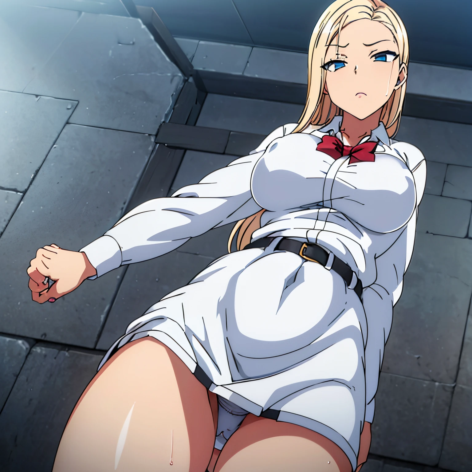 Masterpiece, Best quality, high resolution, 1girl, solo, kurashiki queen, blonde hair, blue eyes, long hair, parted bangs, medium breasts, wide hips, wide thighs, serious, narrow waist, puffy nipples, school, Uniform Schoolgirl, Miniskirt, Panty Peek, Wet, Wet Clothes, Cowboy Shot, Standing,