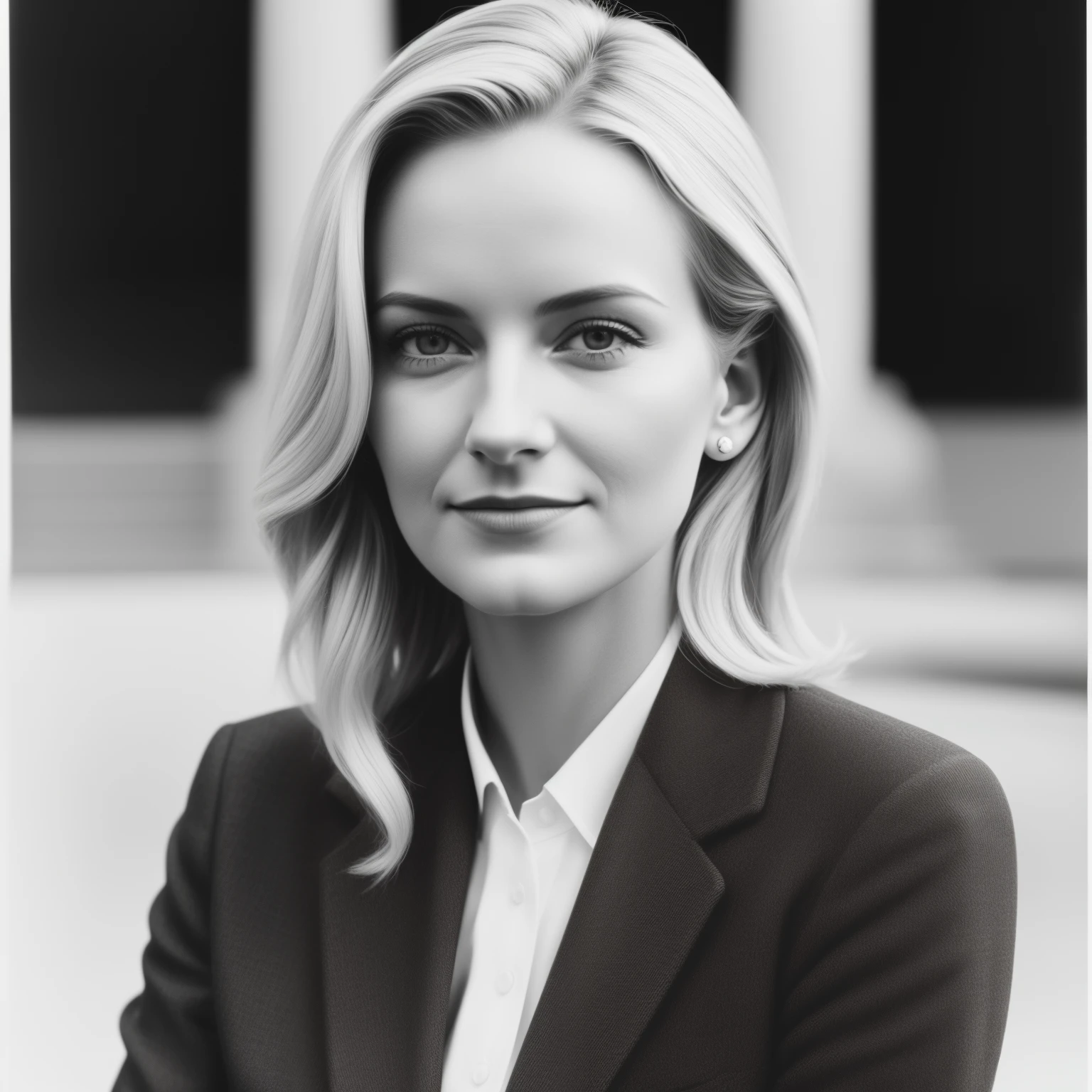 Year 1940, black and white, one german woman in a political suit posing for a picture, wearing political suit, woman in political suit, prime minister , girl in suit, well lit professional photo, professional closeup photo, wearing politician suit, female in dress, girl in a suit, close-up professional portrait, blonde woman, wearing a strict politician suit. (makeup:0.3), full body shot:1.3,bokeh:1.2, indoors, smooth skin, necklace, blonde_hair, realistic_detailed_skin_texture, good hands, good feet, (8k, RAW photo, best quality, masterpiece:1.2), (realistic, photo-realistic:1.37), ultra high res, photon mapping, radiosity, ((Hasselblad photography)),physically-based rendering, professional soft lighting, light on face
