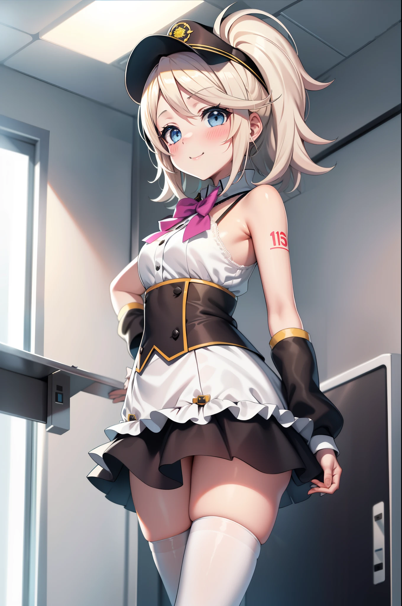 Kagamine rin , 1girl, traje de enfermera, Gorra de enfermera, Desgaste blanco, ((Legwear blanco, Zettai Ryouiki)), Guantes blancos, cabello rubio, ojos azules, labios rosados, They are smiling, En pie, ((hospital room)), sharp outline, manga corta, La mejor calidad, Obra maestra