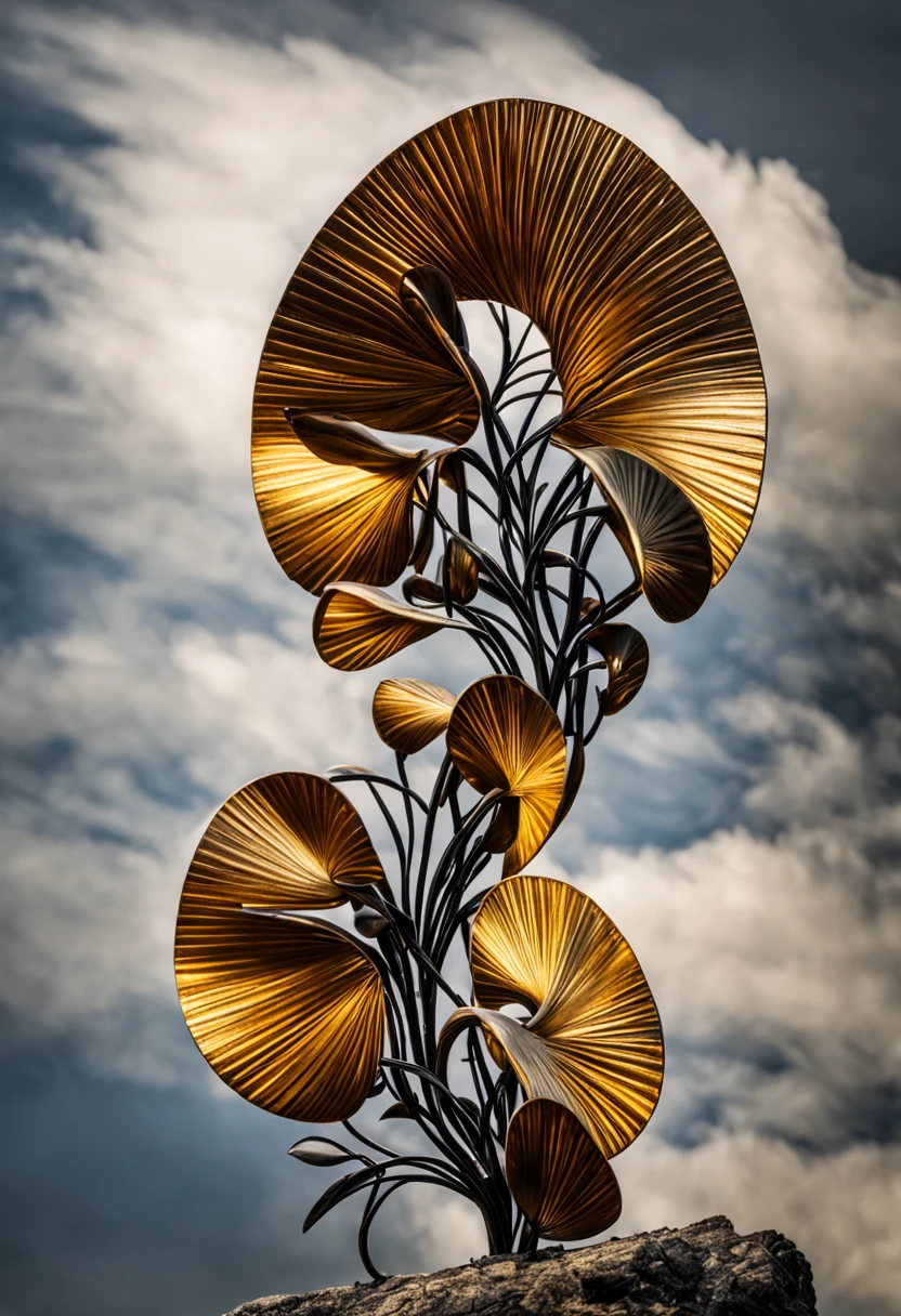 metal art，flower made of iron，iron leaf，iron bend，Iron flower，Full metallic luster，Metal texture in the post-industrial era，Iron decoration，platinum，silver and gold，heavy metal style，In the metal world of the future，everything is made of metal，Metallic flowers，metal grass，Metal Tree，metal mountain