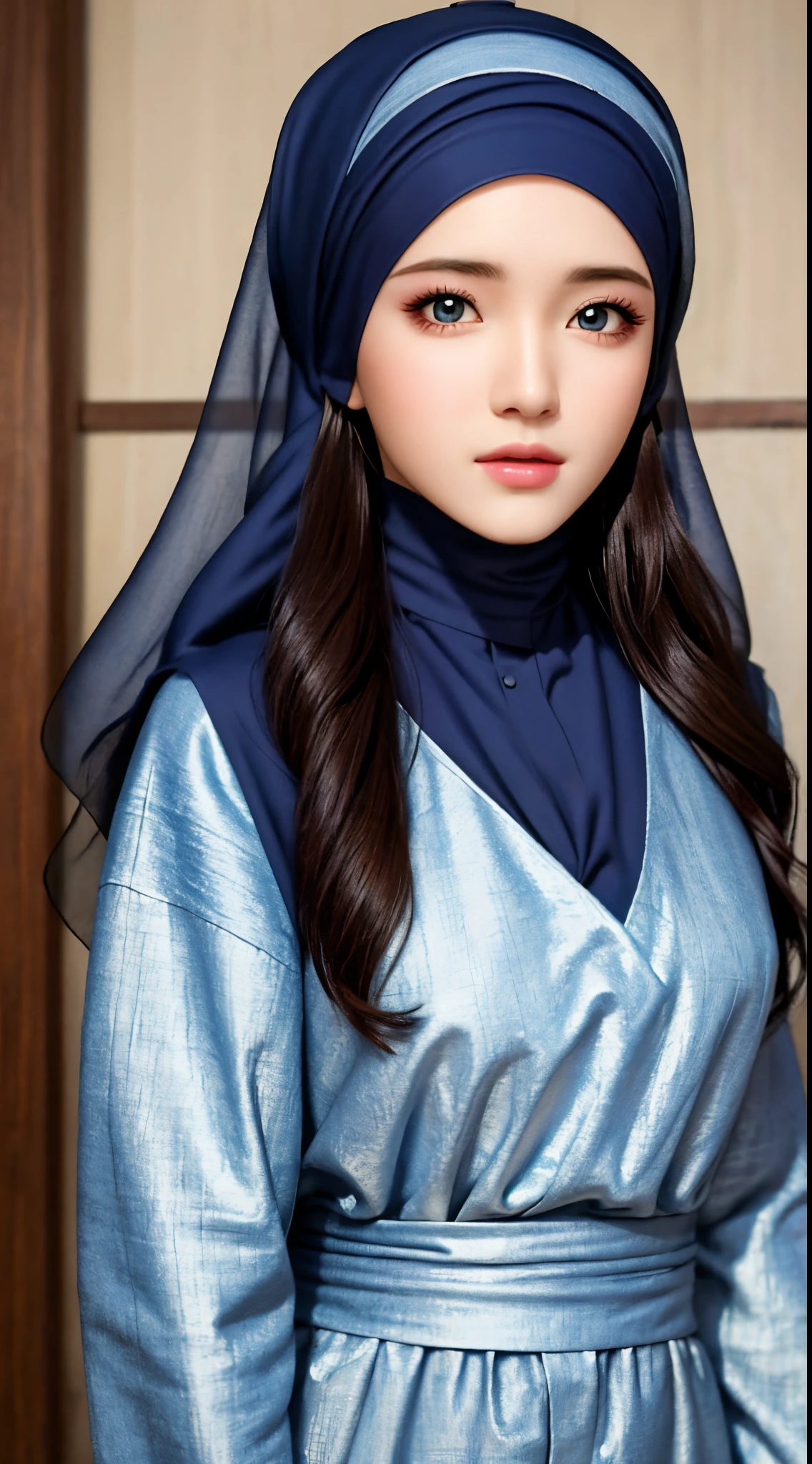 1girl, beautiful face, high detailed realistic eyes, double eyelids, high detailed realistic pupils, upon body from head to waist, wearing hijab, moslem headscarf
