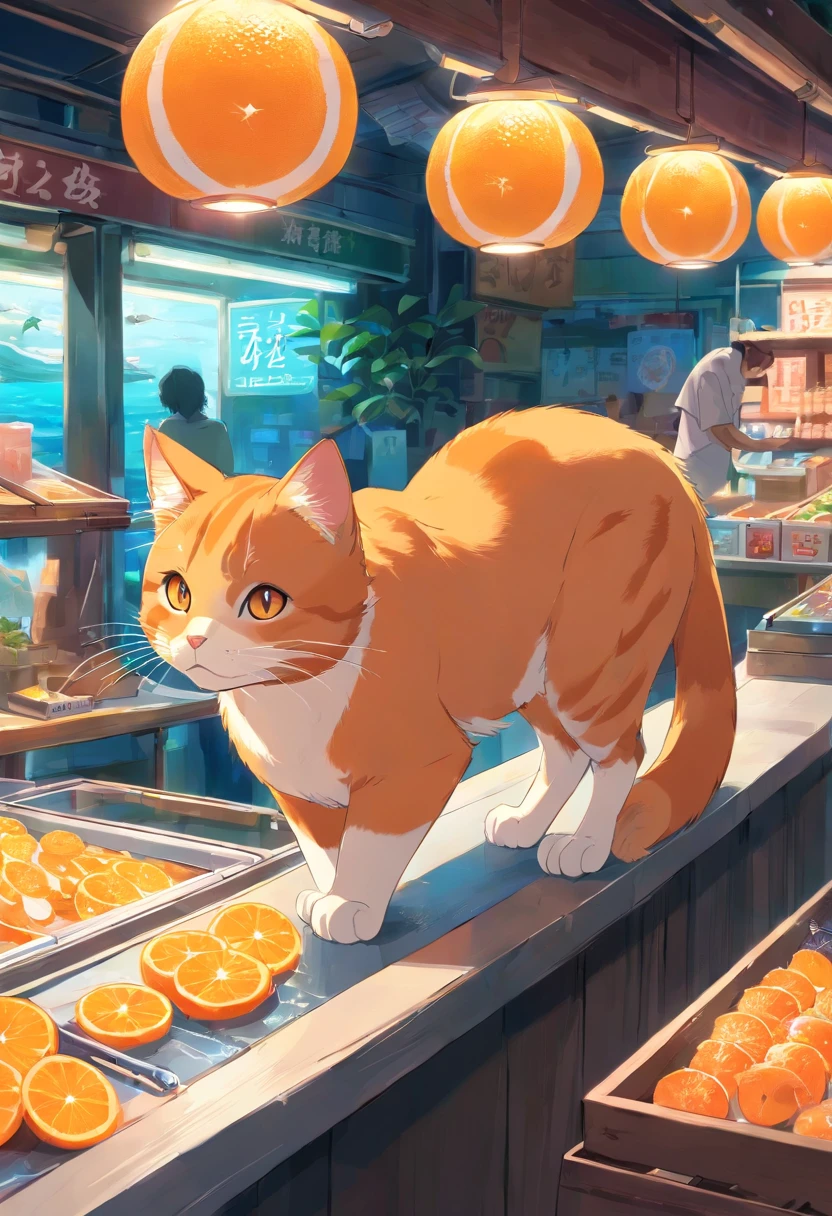 an orange cat, Tattoos on both arms, Guarding the fish stall.