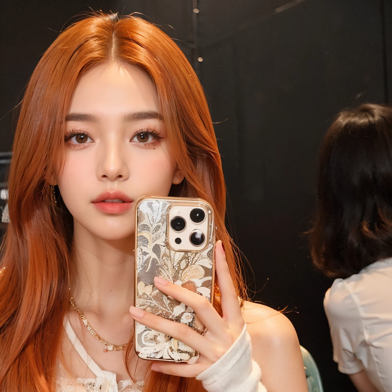 Araffe menina com cabelo vermelho tirando uma selfie em um espelho, jossi do blackpink, ela tem cabelos longos e redorange, Ela tem longos cabelos castanhos alaranjados, Parque Roseanne do Blackpink, tzuyu de duas vezes, Lalisa Manobal, Retrato de Jossi de Blackpink, orange hair, Dom Yunjoo, Lalisa Manoban do Blackpink