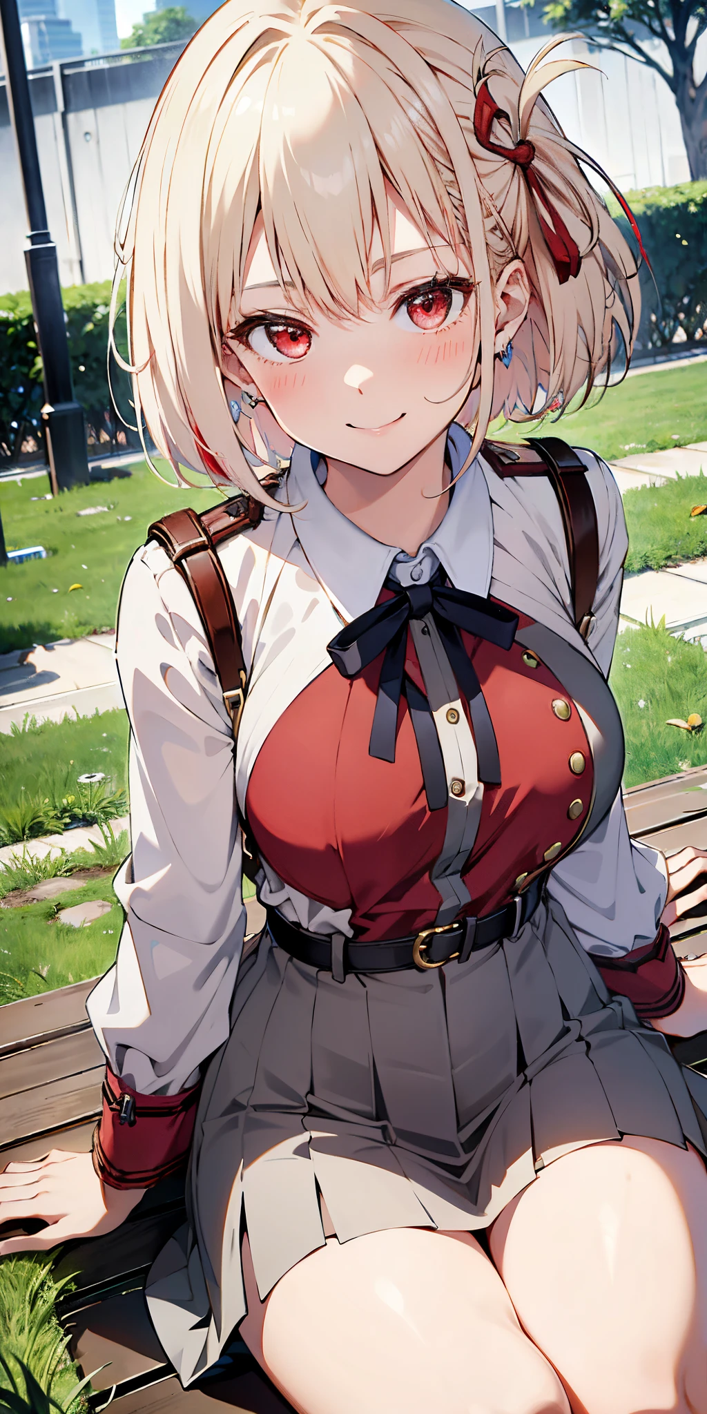 Absurd resolution、hight resolution、(masterpiece:1.4)、ultra-detailliert、女の子 1 人、From above、kosmos、Planktonic、platinum-blonde,Medium hair,red eyes、a smile、Laugh