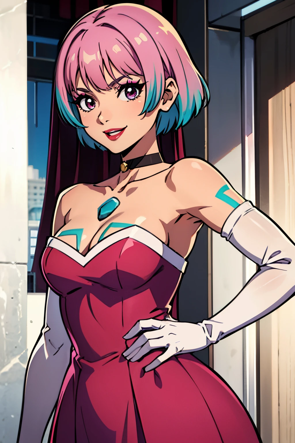 sena \(xenoblade\), light pink dress, strapless dress, long white elbow gloves, smile, red lipstick, dark purple eye shadow, makeup, black choker