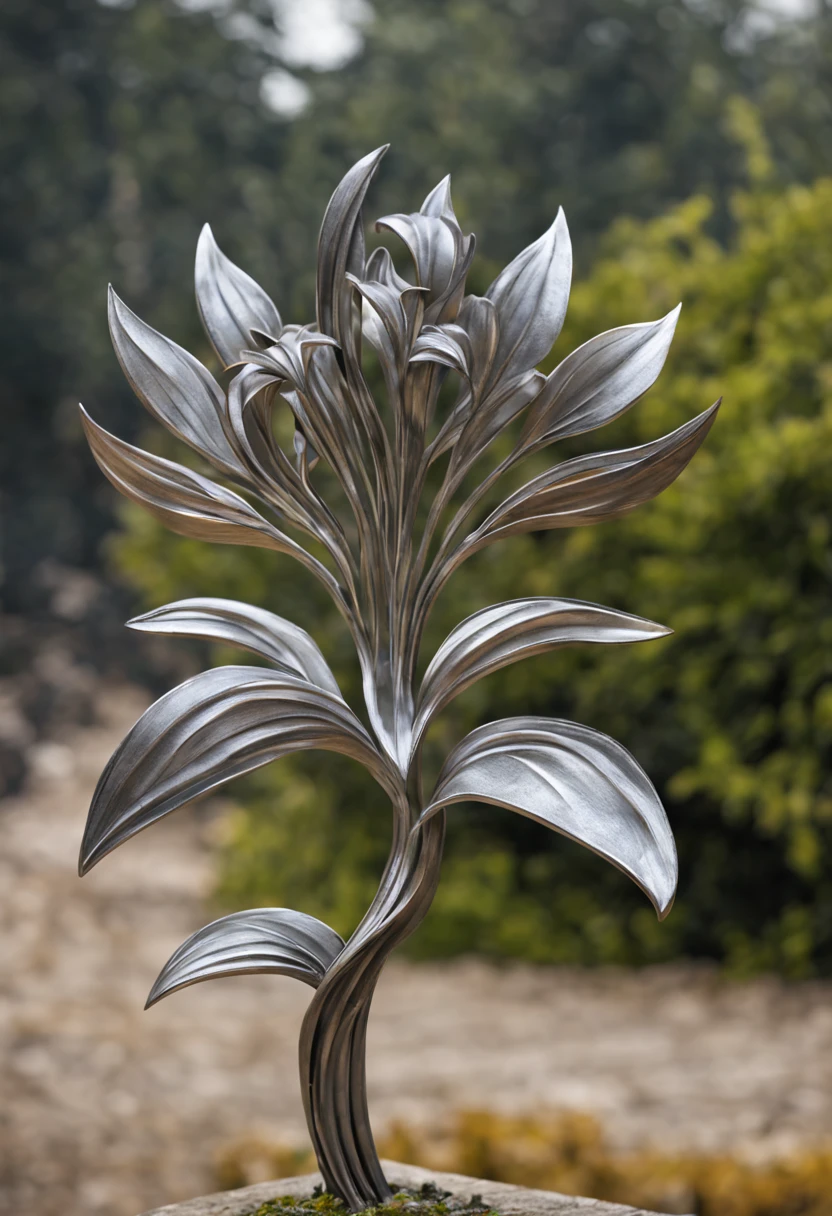 metal art，flower made of iron，iron leaf，iron bend，Iron flower，Full metallic luster，Metal texture in the post-industrial era，Iron decoration，platinum，silver and gold，heavy metal style，In the metal world of the future，everything is made of metal，Metallic flowers，metal grass，Metal Tree，metal mountain