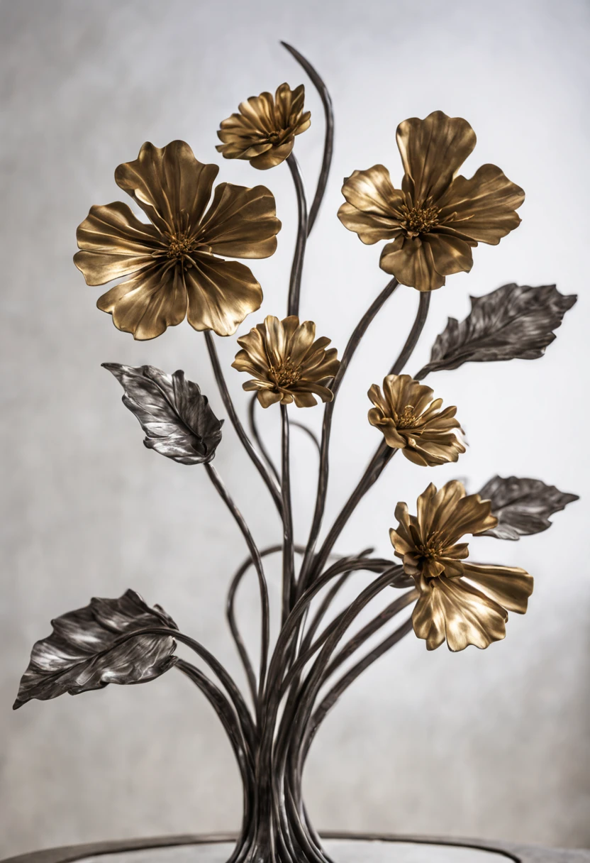 metal art,flower made of iron,iron leaf,iron bend,Iron flower,Full metallic luster,Metal texture in the post-industrial era,Iron decoration,platinum,silver and gold,heavy metal style,In the metal world of the future,everything is made of metal,Metallic flowers,metal grass,Metal Tree,metal mountain