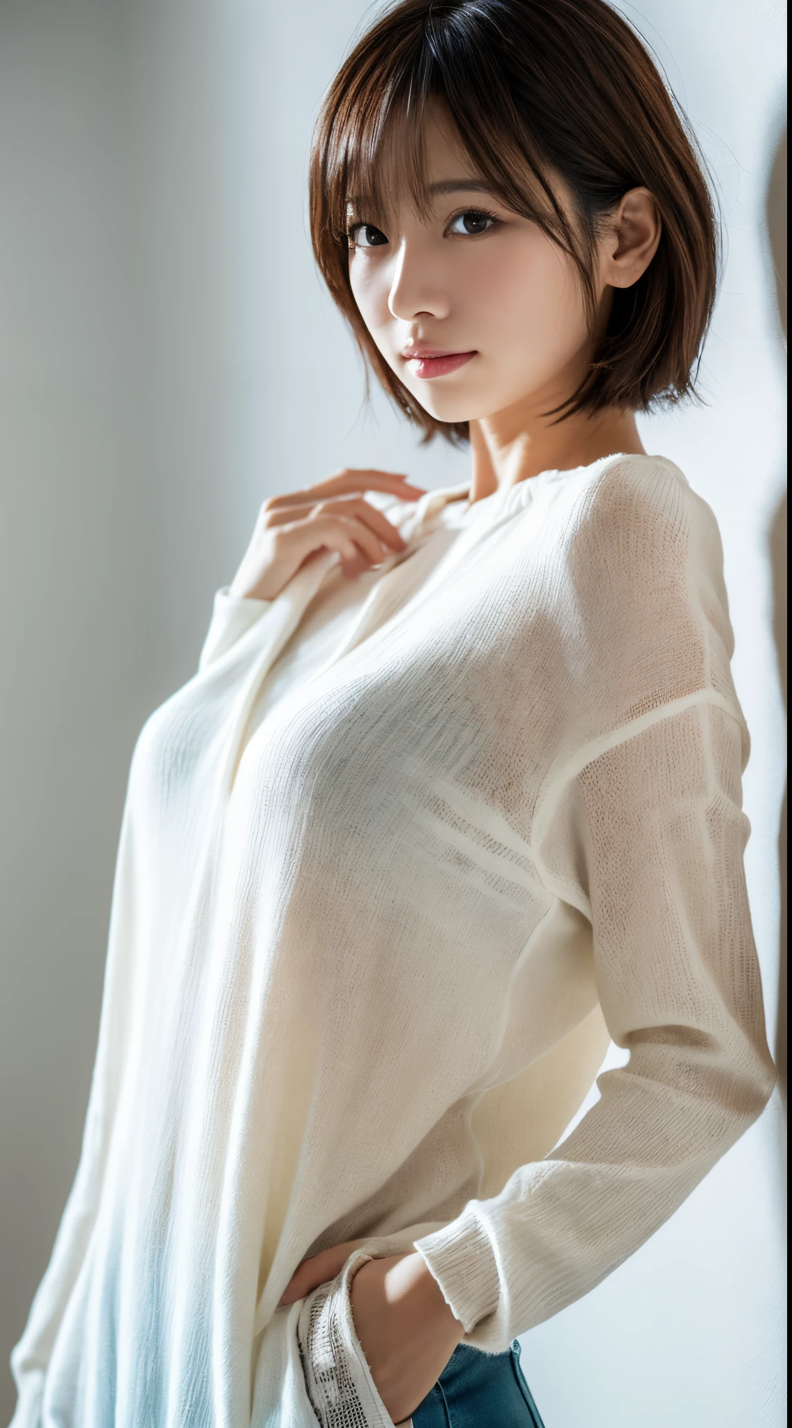 ((masterpiece,top-quality)), (photographrealistic:1.4),((masutepiece,8K)),hight resolution,Studio Soft Light, Rim Lights, vibrant detail, realistic skin textures,Japanese, 1 beautiful woman, short Hair, wave hair, faint thin bangs, make - up, 38 years old, Detailed skin, long-sleeve tunic blouse, wide-leg pants, Standing, White background, White Room,white walls, fully body photo, looking at viewer