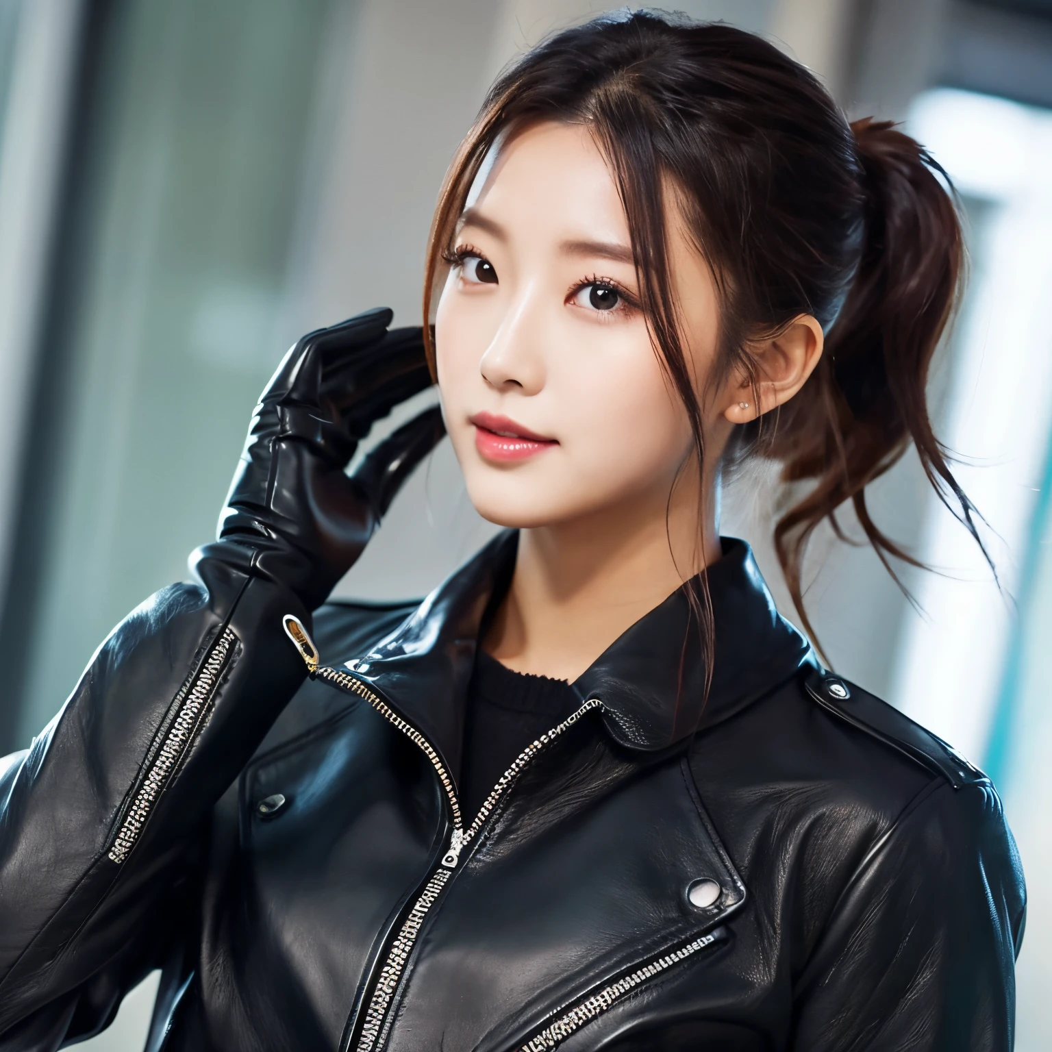 Black leather gloves Black Leather Double Rider's Jacket Black hair ponytail Young Japan