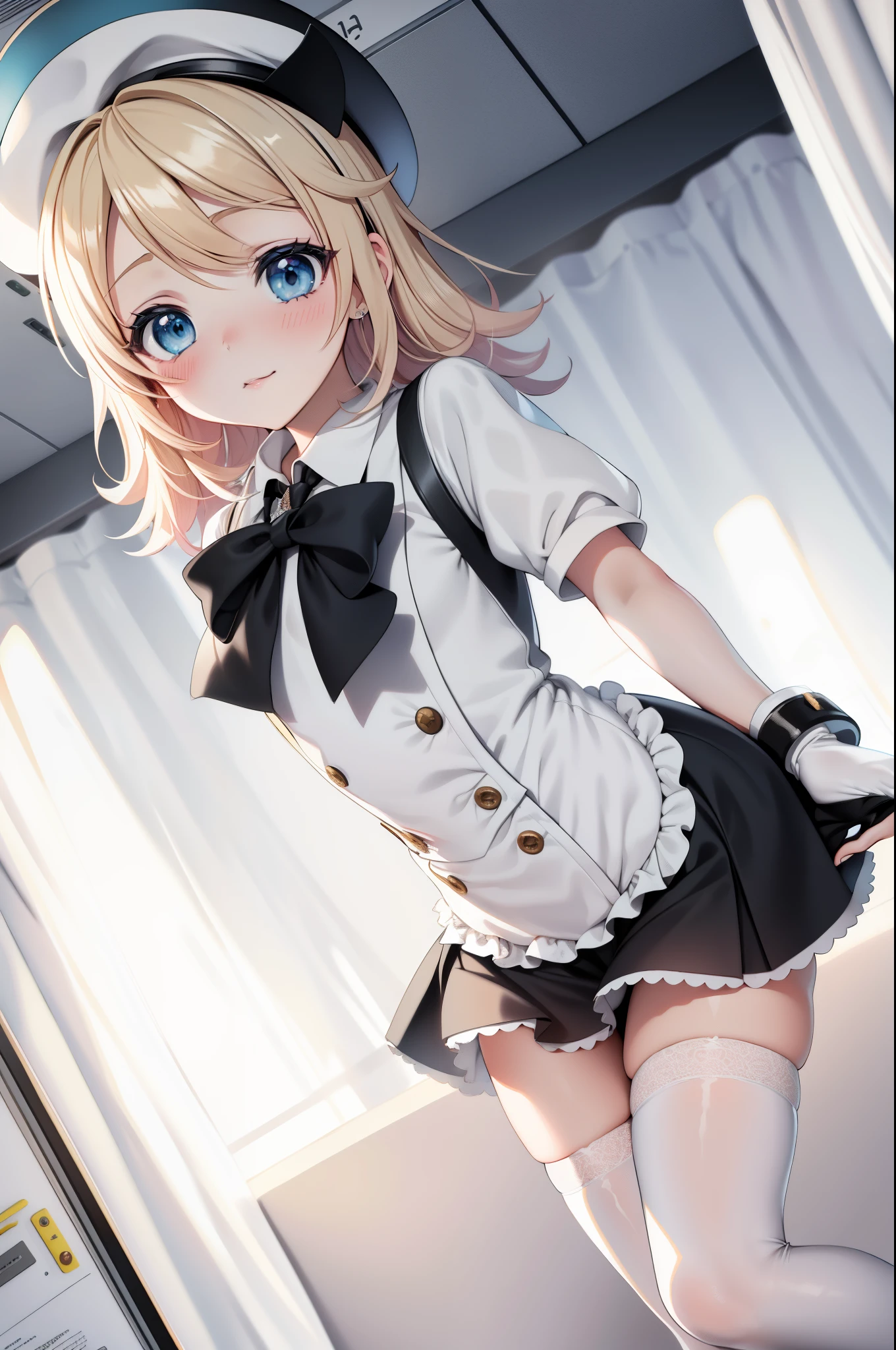 Kagamine rin , 1girl, traje de enfermera, Gorra de enfermera, Desgaste blanco, ((Legwear blanco, Zettai Ryouiki)), Guantes blancos, cabello rubio, ojos azules, labios rosados, They are smiling, En pie, ((hospital room)), sharp outline, manga corta, La mejor calidad, Obra maestra