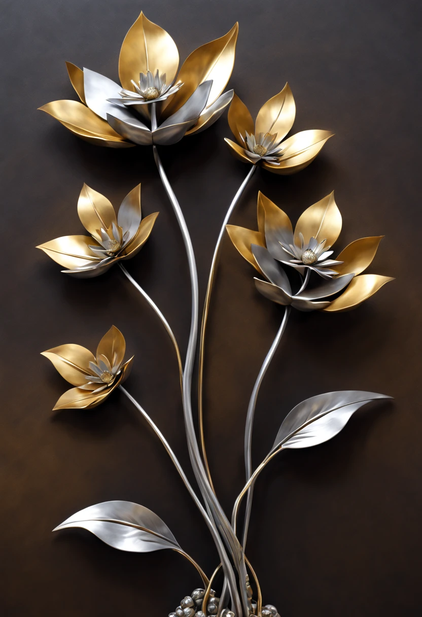 metal art，flower made of iron，iron leaf，iron bend，Iron flower，Full metallic luster，Metal texture in the post-industrial era，Iron decoration，platinum，silver and gold，heavy metal style，In the metal world of the future，everything is made of metal，Metallic flowers，metal grass，Metal Tree，metal mountain