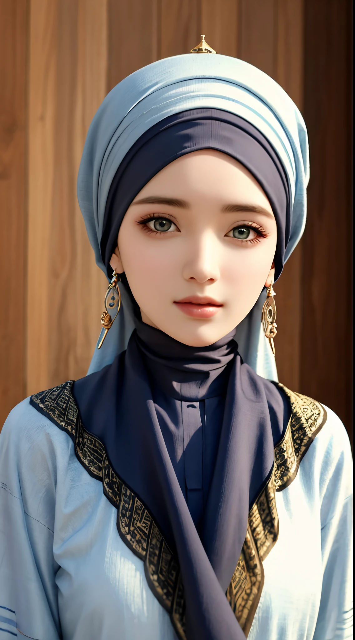 1girl, solo, beautiful face, high detailed realistic eyes, double eyelids, high detailed realistic pupils, upon body from head to waist, (wearing hijab:1.2), (moslem headscarf:1.2)