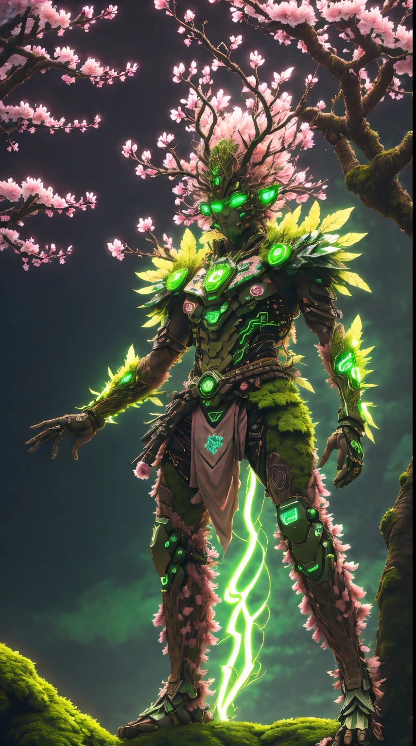 Cyberpunk Treeman,glowing light eyes，mossy bark，tribe outfit，ancient tribal markings，peach blossom，Soft and delicate petals.