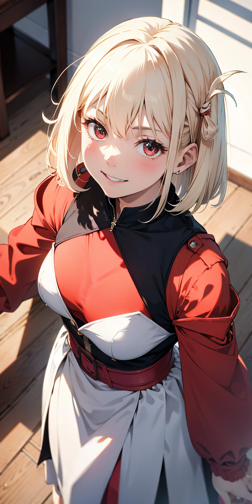 Absurd resolution、hight resolution、(masterpiece:1.4)、ultra-detailliert、 1 人、From above、kosmos、Planktonic、platinum-blonde,Medium hair,red eyes、a smile、Laugh