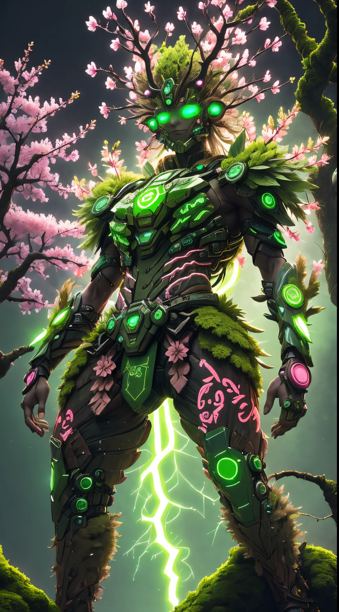 Cyberpunk Treeman,glowing light eyes，mossy bark，tribe outfit，ancient tribal markings，peach blossom，Soft and delicate petals.