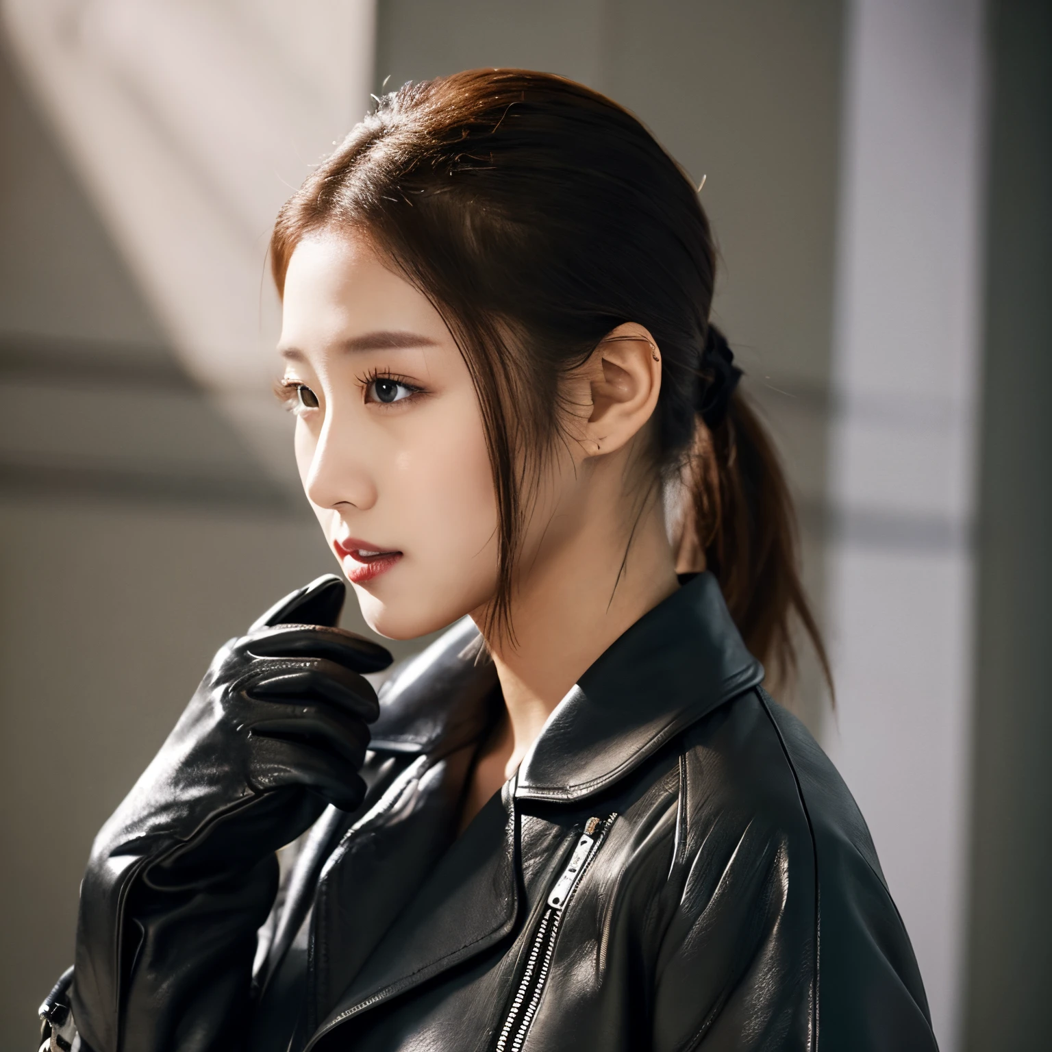Black leather gloves　Black Leather Double Rider's Jacket　Black hair ponytail　Young Japan