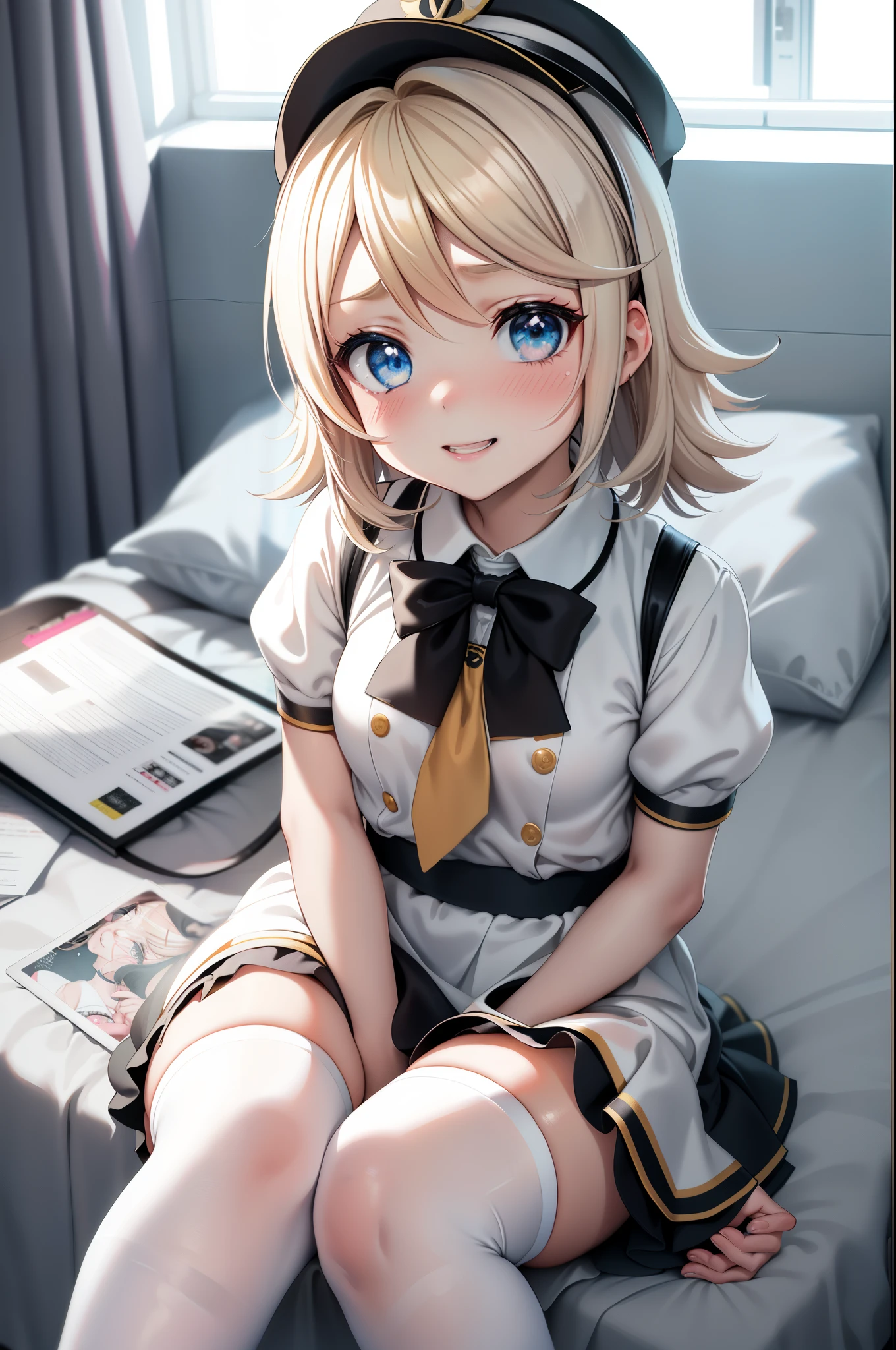 Kagamine rin , 1girl, traje de enfermera, Gorra de enfermera, Desgaste blanco, ((Legwear blanco, Zettai Ryouiki)), Guantes blancos, cabello rubio, ojos azules, labios rosados, They are smiling, En pie, ((hospital room)), sharp outline, manga corta, La mejor calidad, Obra maestra