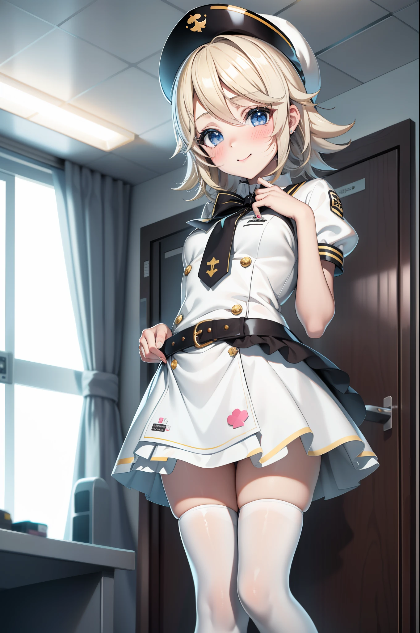 hamakaze, hamakaze, blue eyes, grey hair, hair ornament, hair over one eye, hairclip, short hair, short hair,
BREAK black pantyhose, buttons, gloves, grey sailor collar, grey skirt, hairclip, neckerchief, pantyhose, pleated skirt, sailor collar, school uniform, serafuku, skirt, white gloves, yellow neckerchief,
BREAK looking at viewer,
BREAK indoors, classroom,
BREAK (masterpiece:1.2), best quality, high resolution, unity 8k wallpaper, (illustration:0.8), (beautiful detailed eyes:1.6), extremely detailed face, perfect lighting, extremely detailed CG, (perfect hands, perfect anatomy),(white panties:1.5), (skrit lift:1.5), standing, small breasts, (short, tiny, little:1.5), blush, embarrassed,from below, cowboy shot, dutch angle