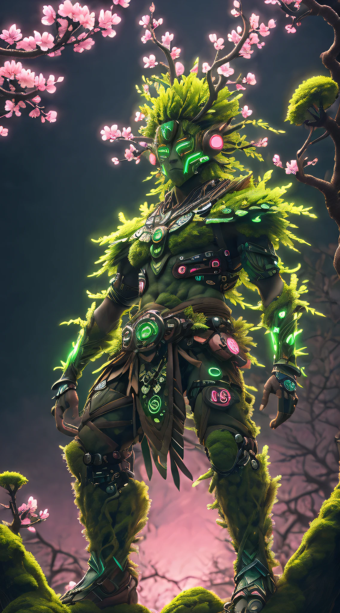 Cyberpunk Treeman,glowing light eyes，mossy bark，tribe outfit，(ancient tribal markings)，(peach blossom)，Soft and delicate petals.