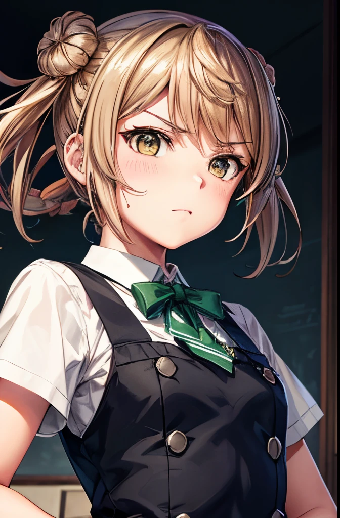 {{love live!}},{{masterpiece}}, {highly detailed}, ,(masterpiece, best quality:1.2), upper body, MichishioKC, {{from below}}, angry, school uniform, pinafore dress, green ribbon tie, looking at viewer, small breast