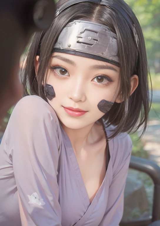 1girl, rin nohara in anime naruto, short hair, black hair,konoha headband,  eyes, smile, beautiful, black clothes, , realistic clothes, detail clothes, outdoor background, ultra detail, realistic