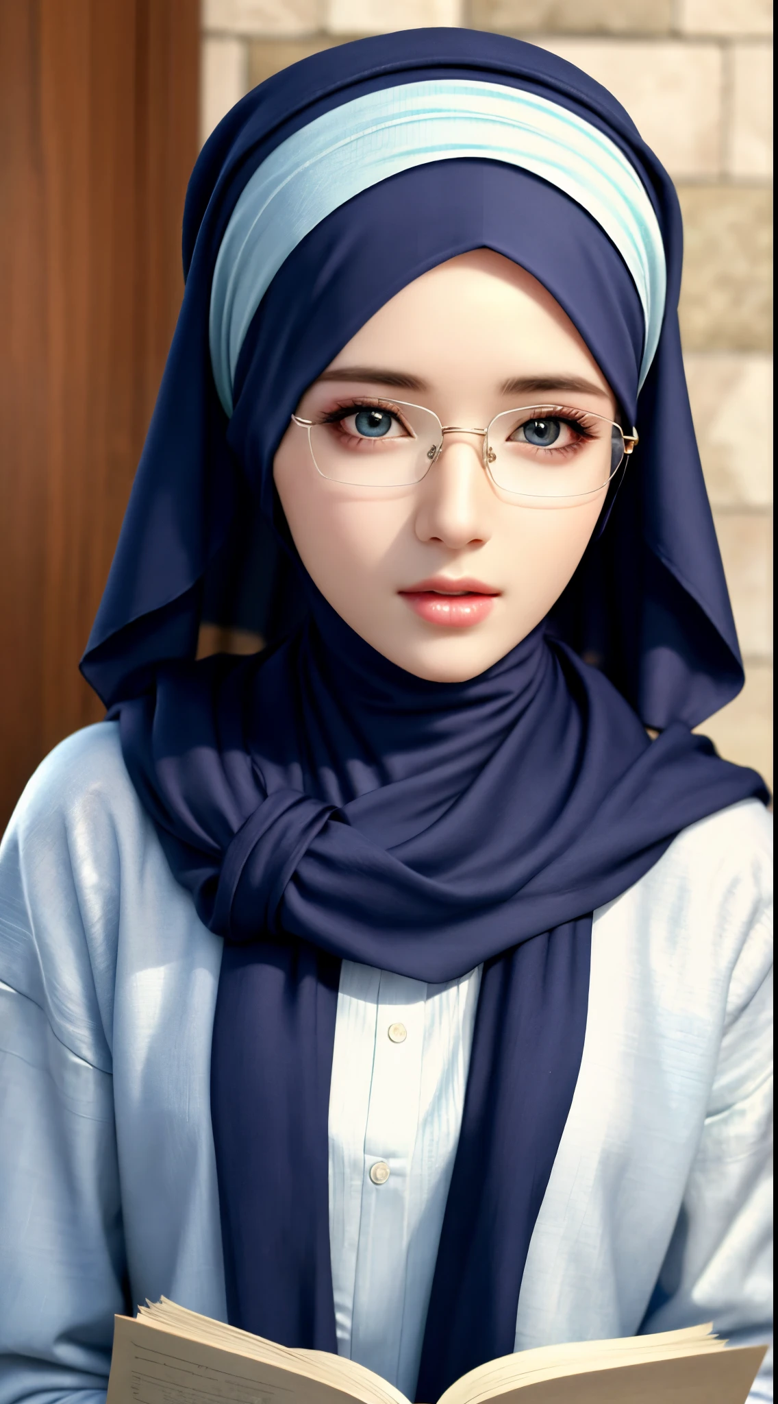 1girl, adult girl, solo, beautiful face, high detailed realistic eyes, double eyelids, high detailed realistic pupils, upon body from head to waist, (wearing hijab:1.2), (moslem headscarf:1.2), reading glasses.