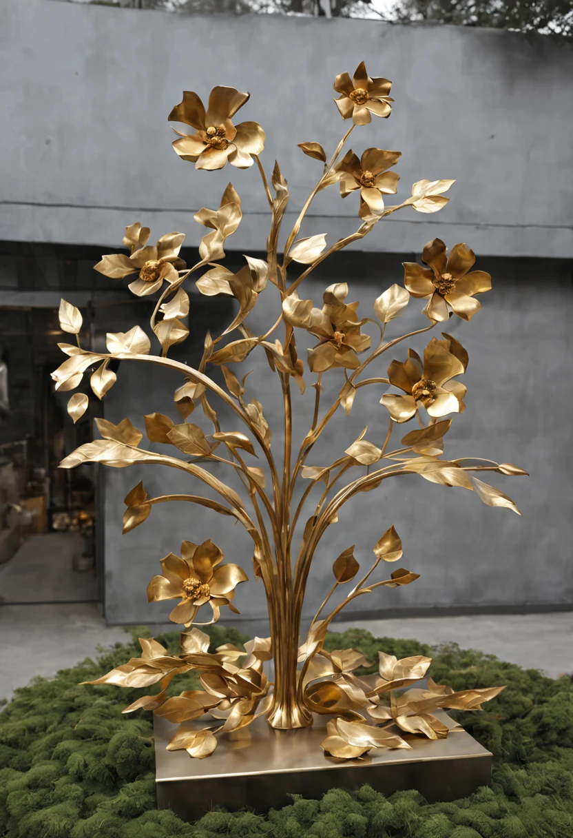 metal art，flower made of iron，iron leaf，Tiewan，Iron flower，Full metallic luster，Metal texture in the post-industrial era，Iron decoration，platinum，silver and gold medals，heavy metal style，In the metal world of the future，everything is made of metal，Metallic flowers，metal grass，Metal Tree，metal mountain