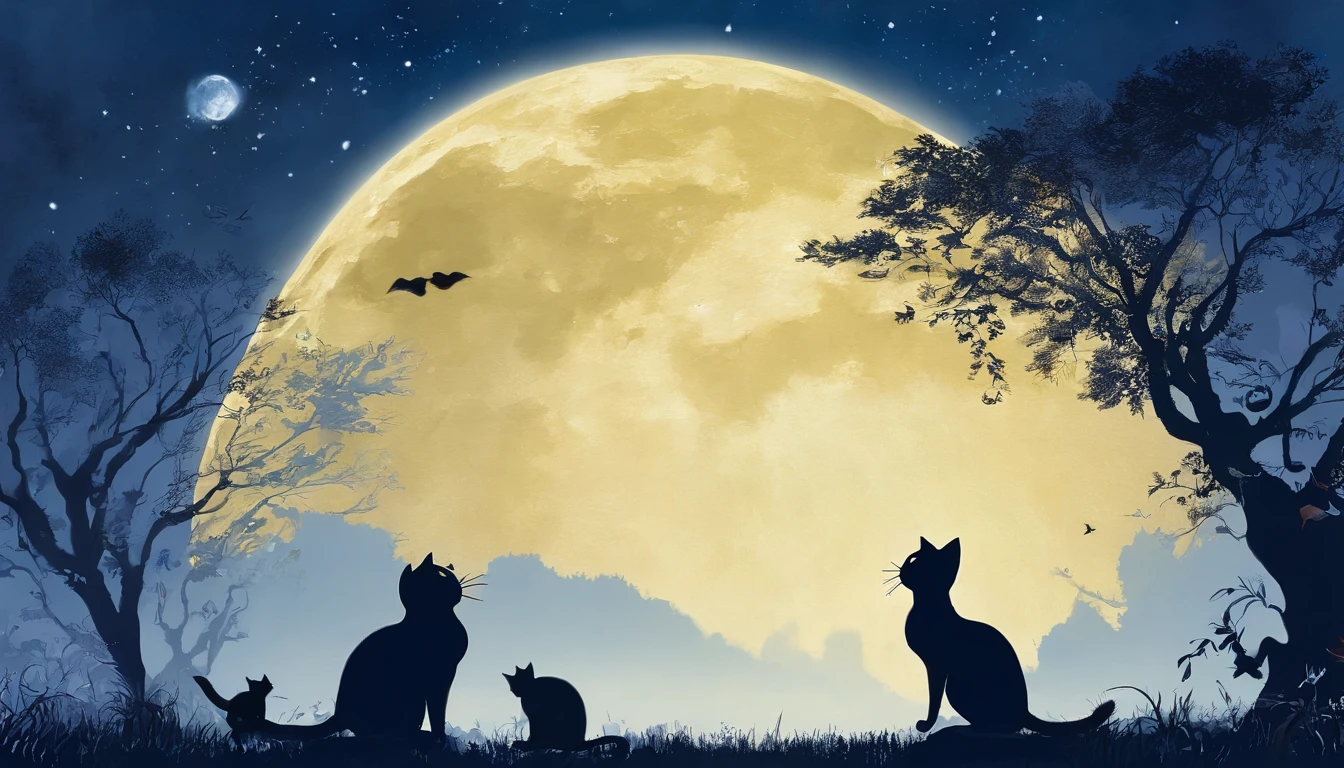 Silhouette 3 Cat Concert with a super large full moon on the roof　Fantastic atmosphere　Picture book illustrations　watercolor paiting　Overall, The color is dark blue