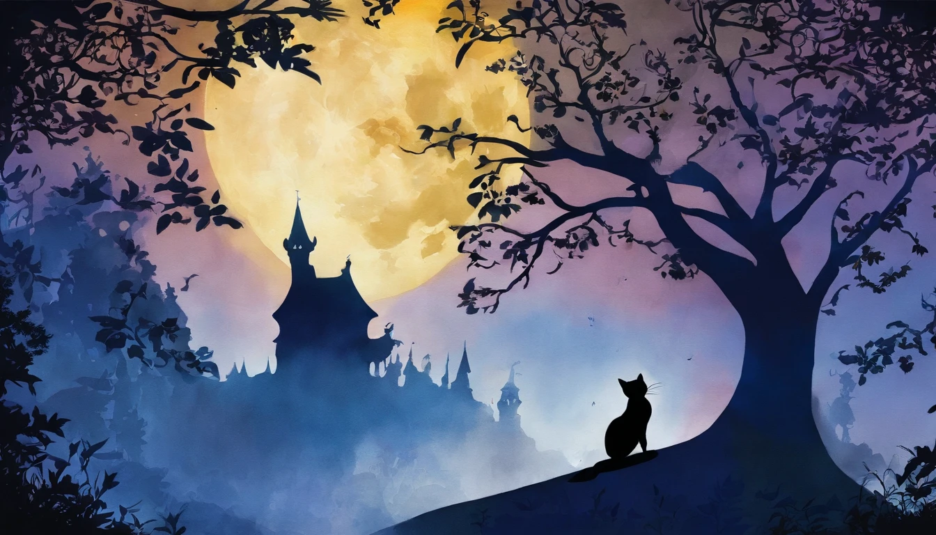 Silhouette 3 Cat Concert with a super large full moon on the roof　Fantastic atmosphere　Picture book illustrations　watercolor paiting　Overall, The color is dark blue