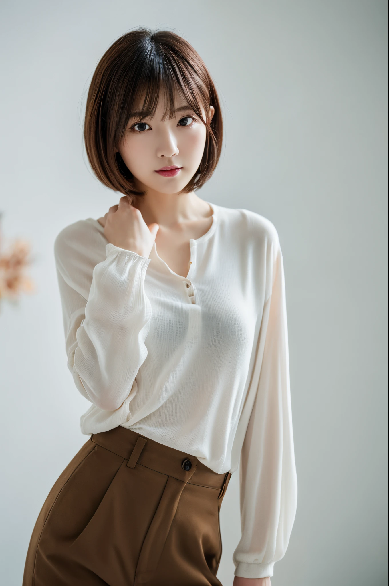 (Best Quality,4K,hight resolution,masutepiece:1.2),Ultra-detailed,Realistic:1.37,Photography,(Japan actresses,30-years old、Lovely room、full of flowers)、(A little bold pose),(Elegant longitudinal roll of brunette shiny hair、耳Nipple Ring、necklace1.2)、Beautiful detailed skin texture:1.4,Low exposure、(Clean hands and fingers)、(cute eye、smile shy:1.2),perfect make-up、Eye lashes、eyeshadows、(Mature Woman),Soft lighting,(On top of a cute blouse made of white soft material、wearing a stylish cardigan:1.2)、(checkered skirt)、(Glamorous figure),Window light、cute background